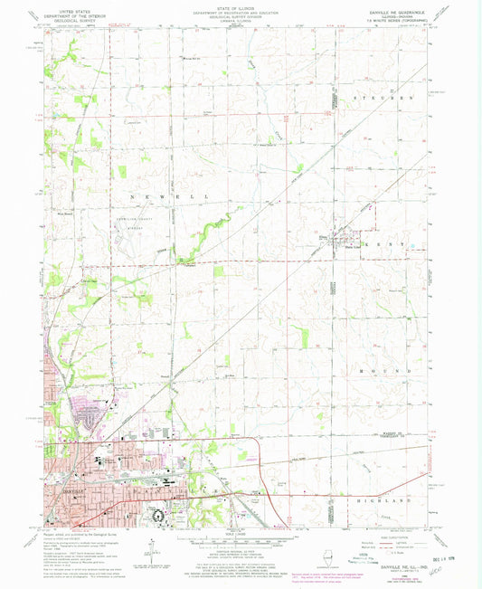 Classic USGS Danville NE Illinois 7.5'x7.5' Topo Map Image