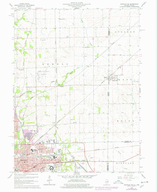 Classic USGS Danville NE Illinois 7.5'x7.5' Topo Map Image