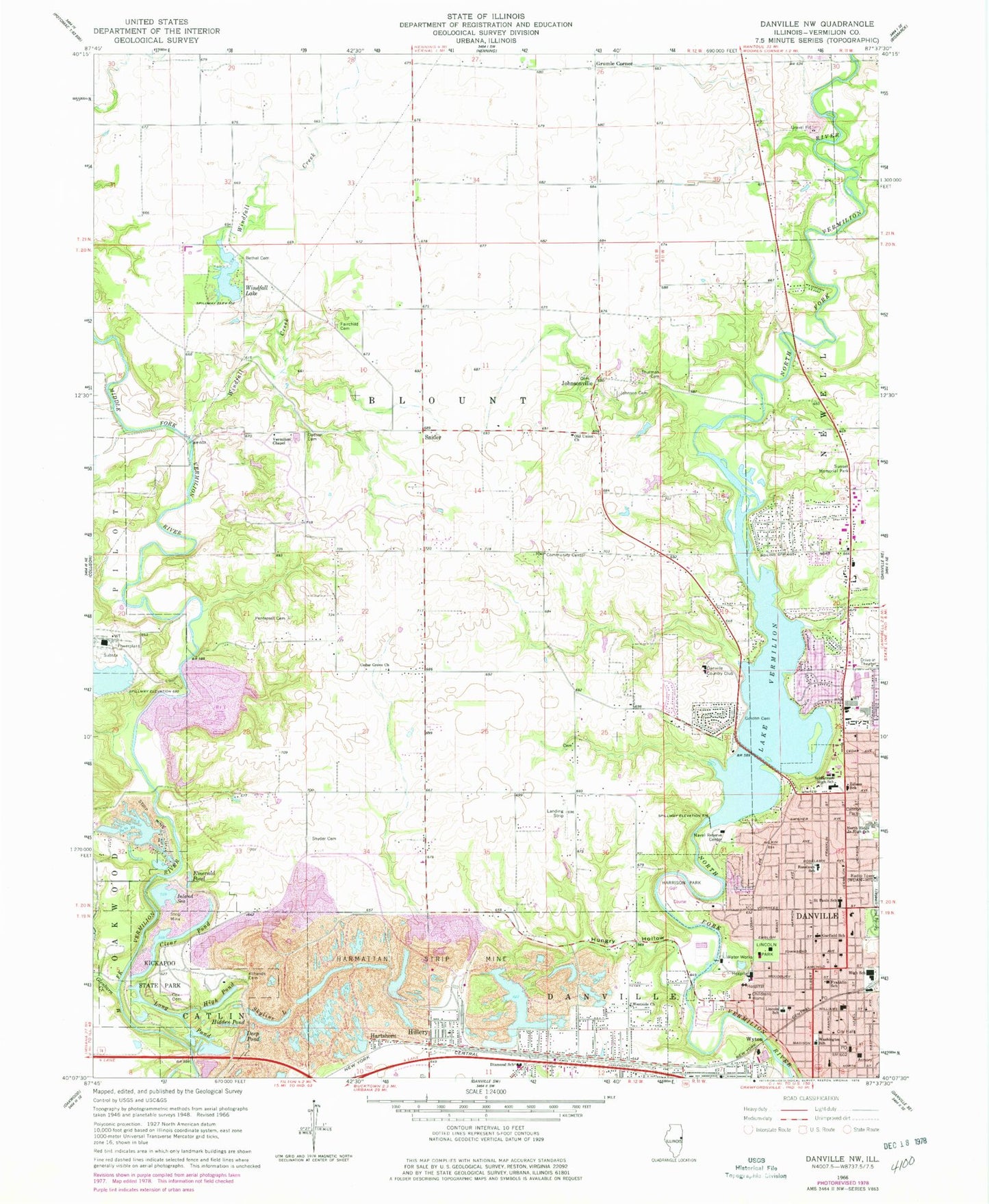 Classic USGS Danville NW Illinois 7.5'x7.5' Topo Map Image