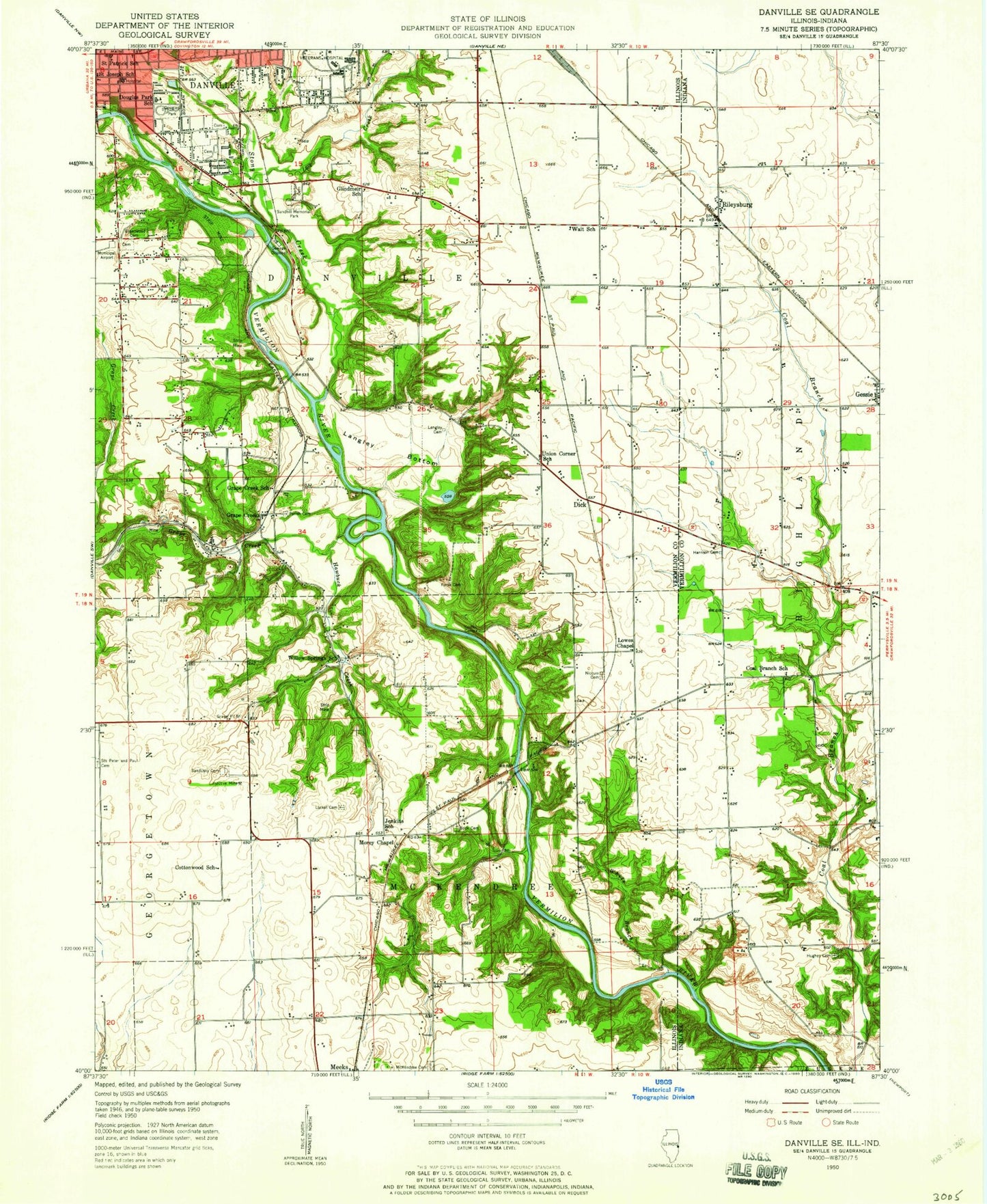 Classic USGS Danville SE Illinois 7.5'x7.5' Topo Map Image