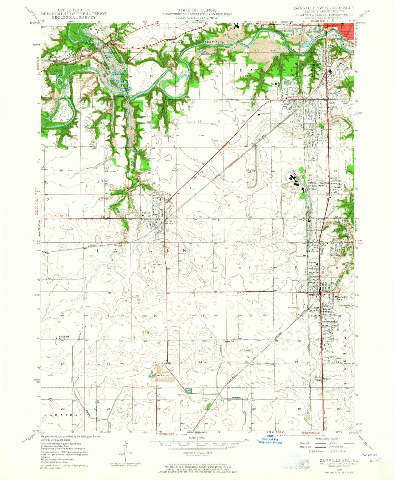 Classic USGS Danville SW Illinois 7.5'x7.5' Topo Map Image