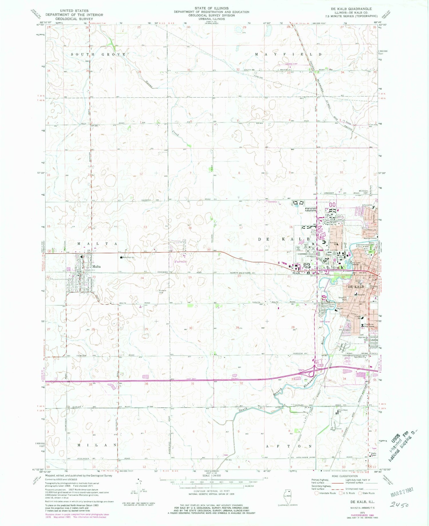 Classic USGS DeKalb Illinois 7.5'x7.5' Topo Map Image