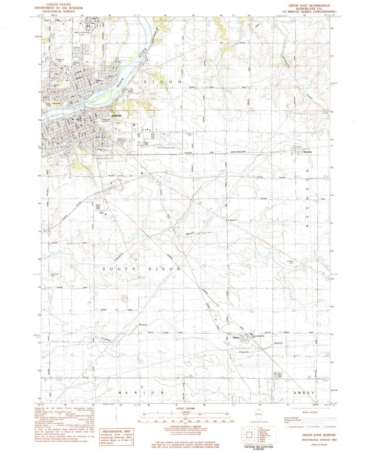 Classic USGS Dixon East Illinois 7.5'x7.5' Topo Map Image
