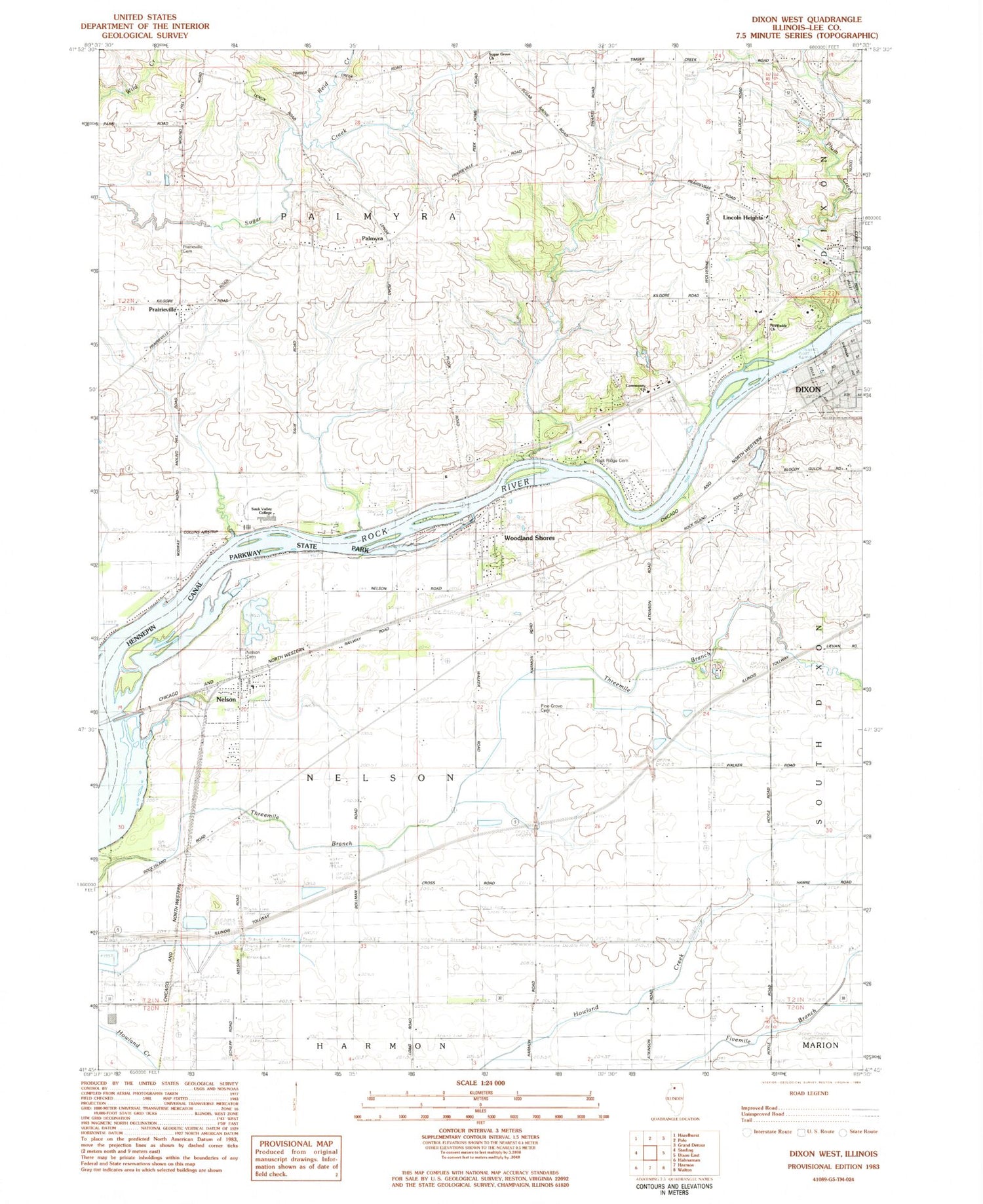 Classic USGS Dixon West Illinois 7.5'x7.5' Topo Map Image