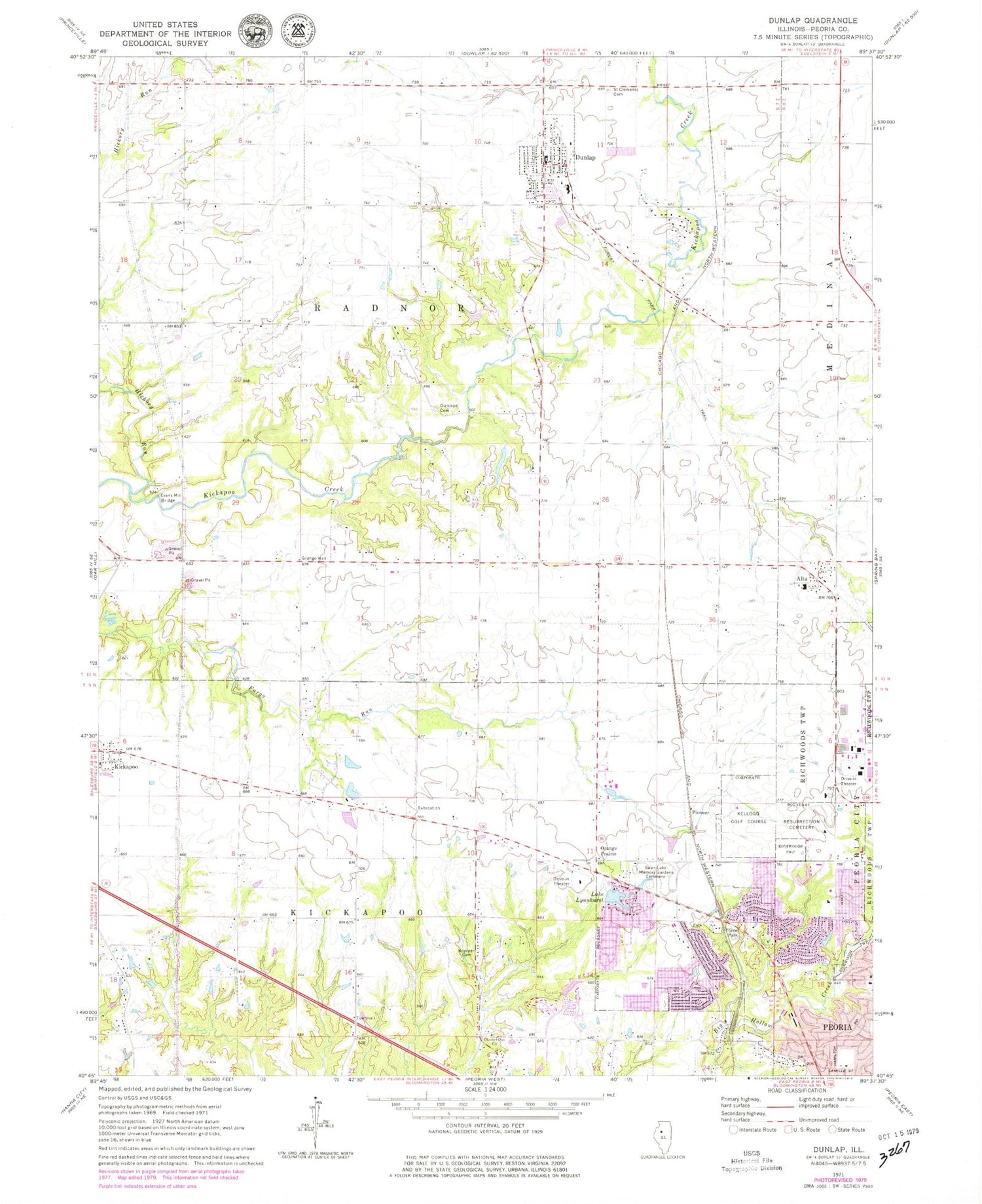 Classic USGS Dunlap Illinois 7.5'x7.5' Topo Map Image