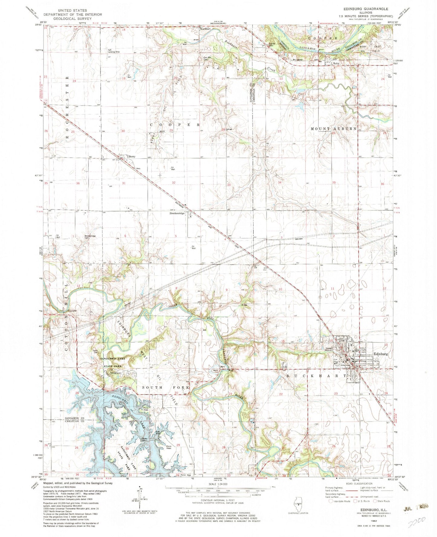 Classic USGS Edinburg Illinois 7.5'x7.5' Topo Map Image