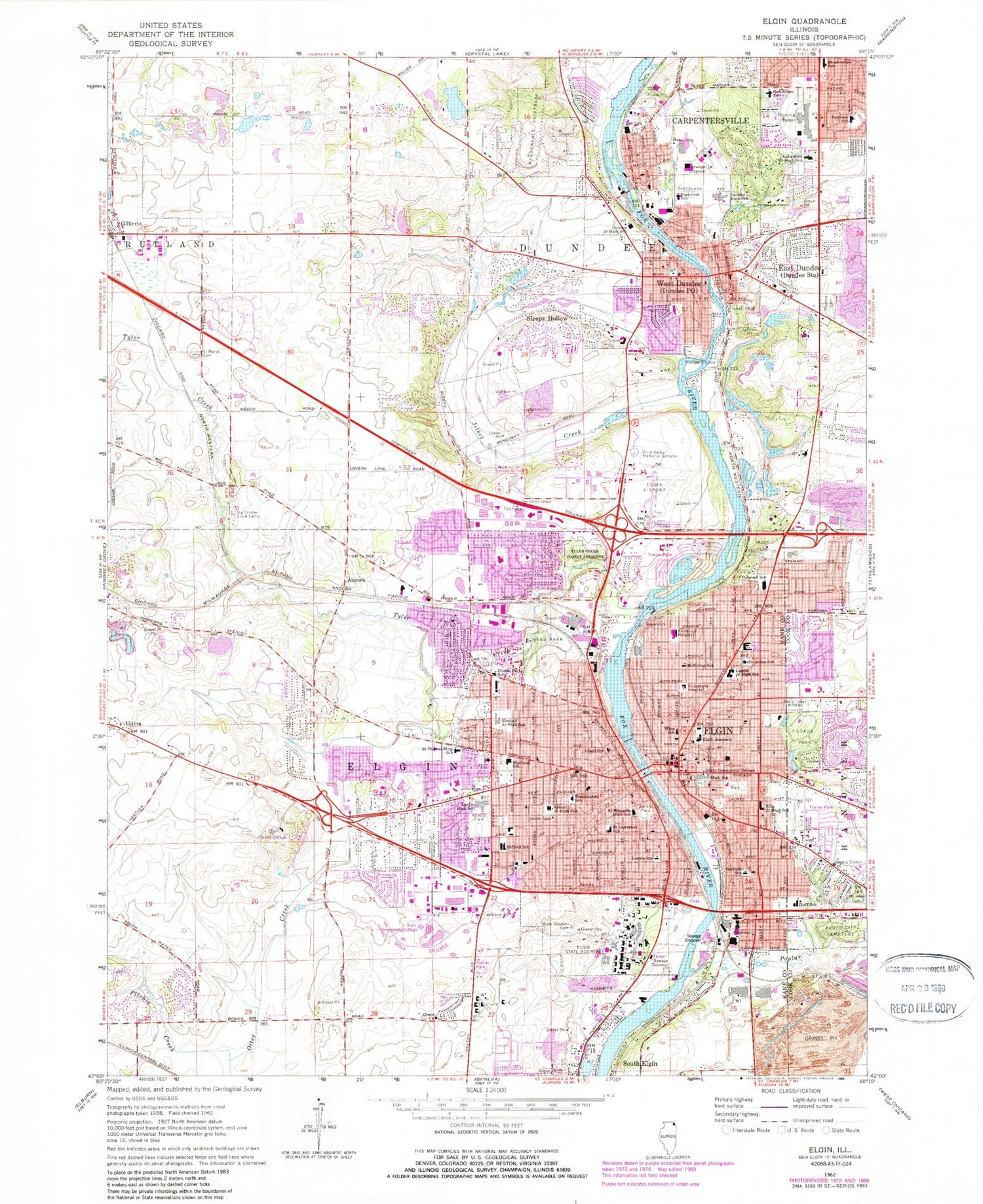 Classic USGS Elgin Illinois 7.5'x7.5' Topo Map Image