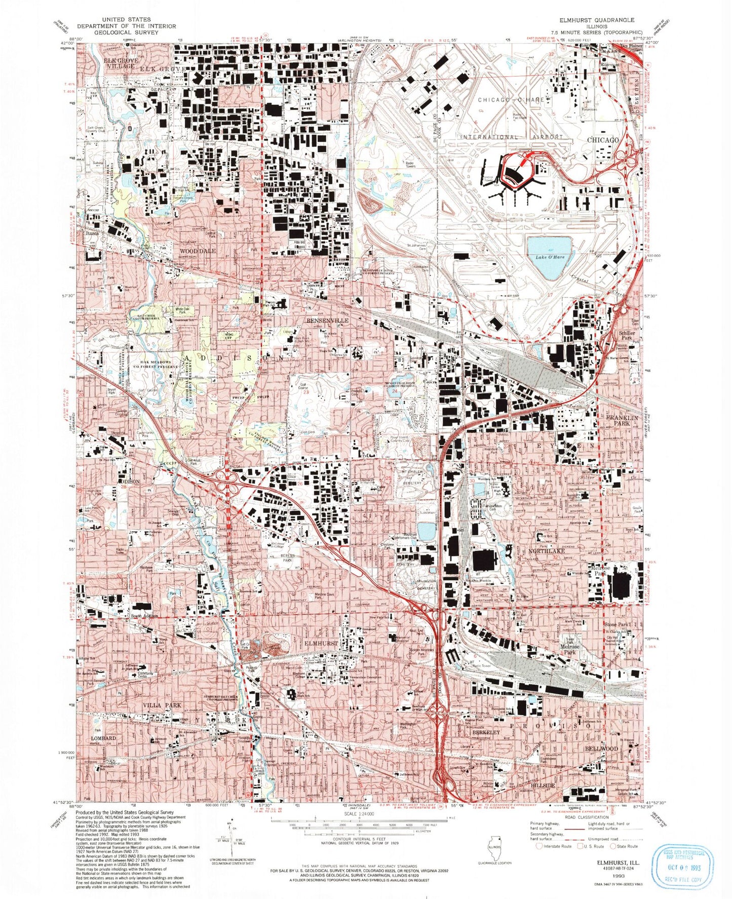 Classic USGS Elmhurst Illinois 7.5'x7.5' Topo Map Image