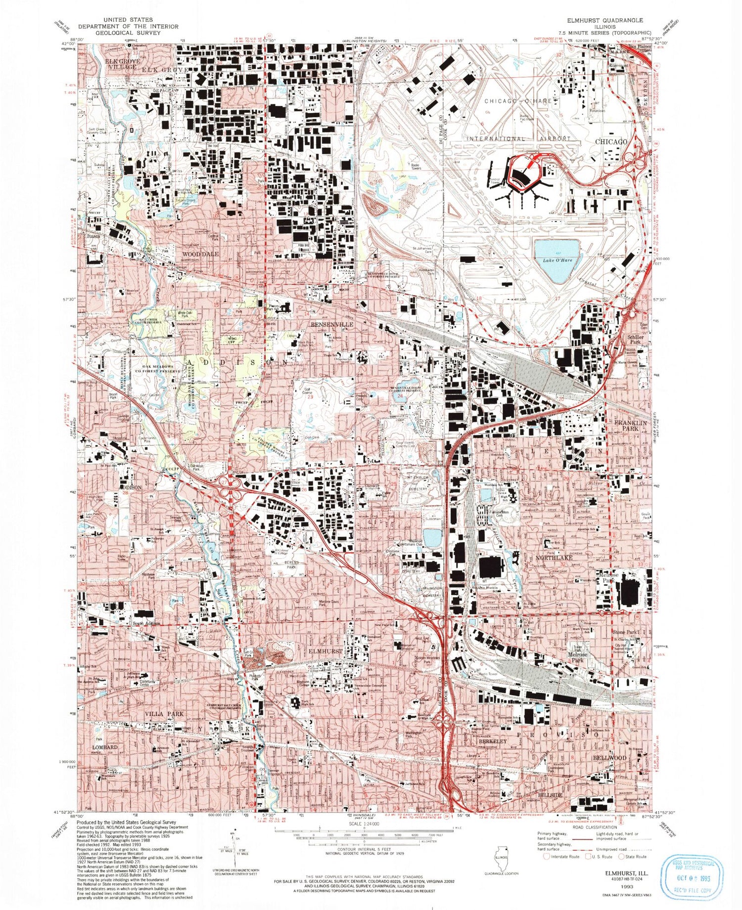 Classic USGS Elmhurst Illinois 7.5'x7.5' Topo Map Image