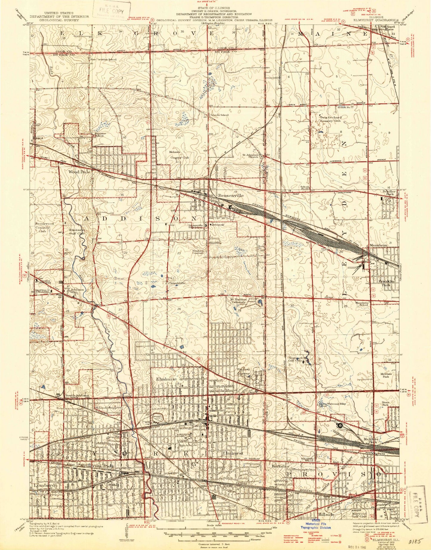 Classic USGS Elmhurst Illinois 7.5'x7.5' Topo Map Image