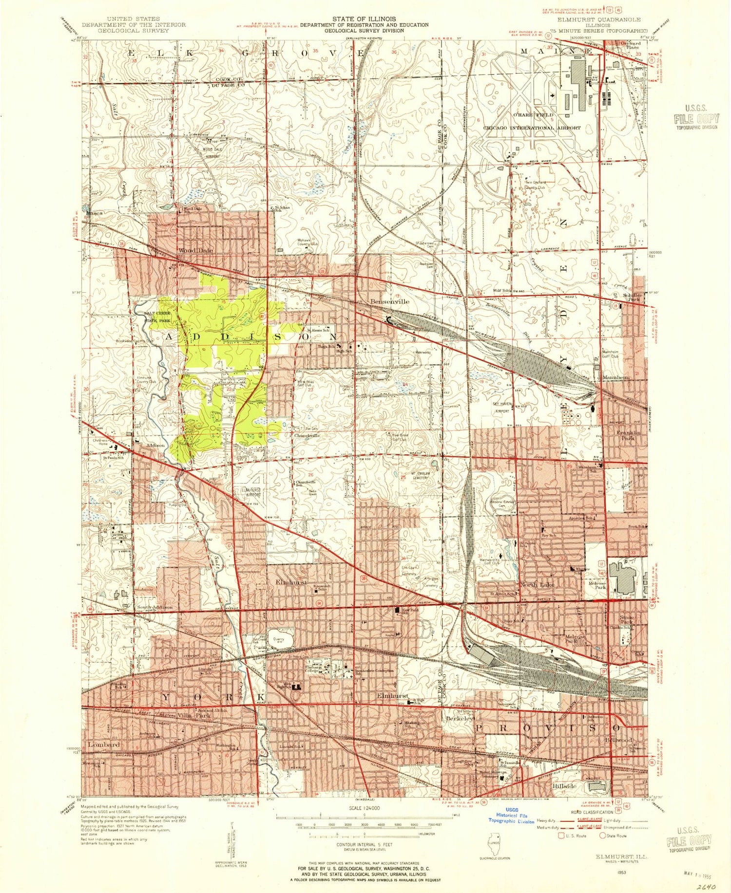Classic USGS Elmhurst Illinois 7.5'x7.5' Topo Map Image