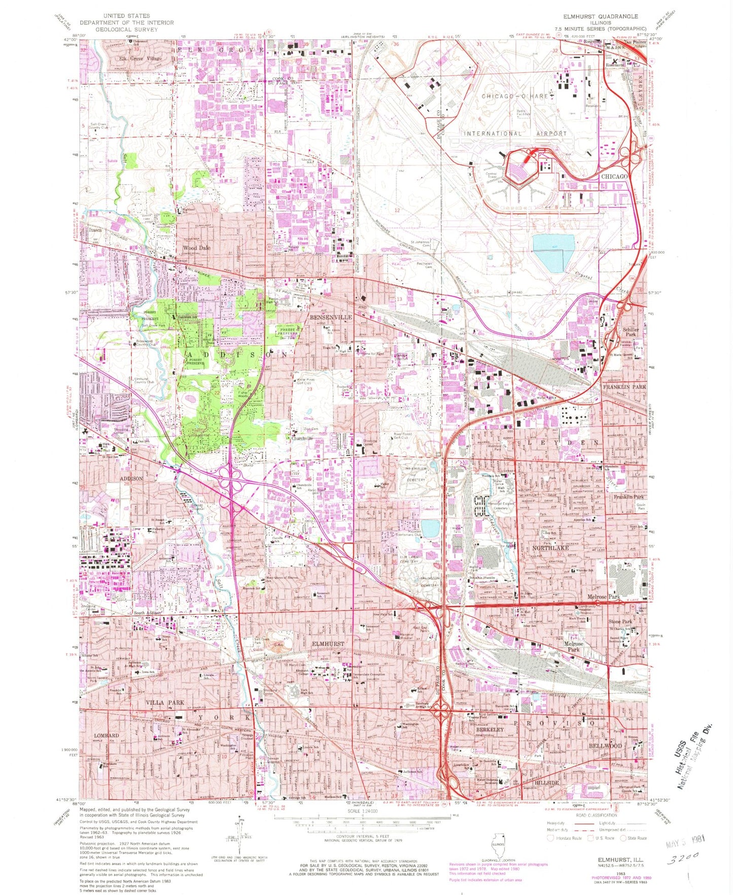 Classic USGS Elmhurst Illinois 7.5'x7.5' Topo Map Image