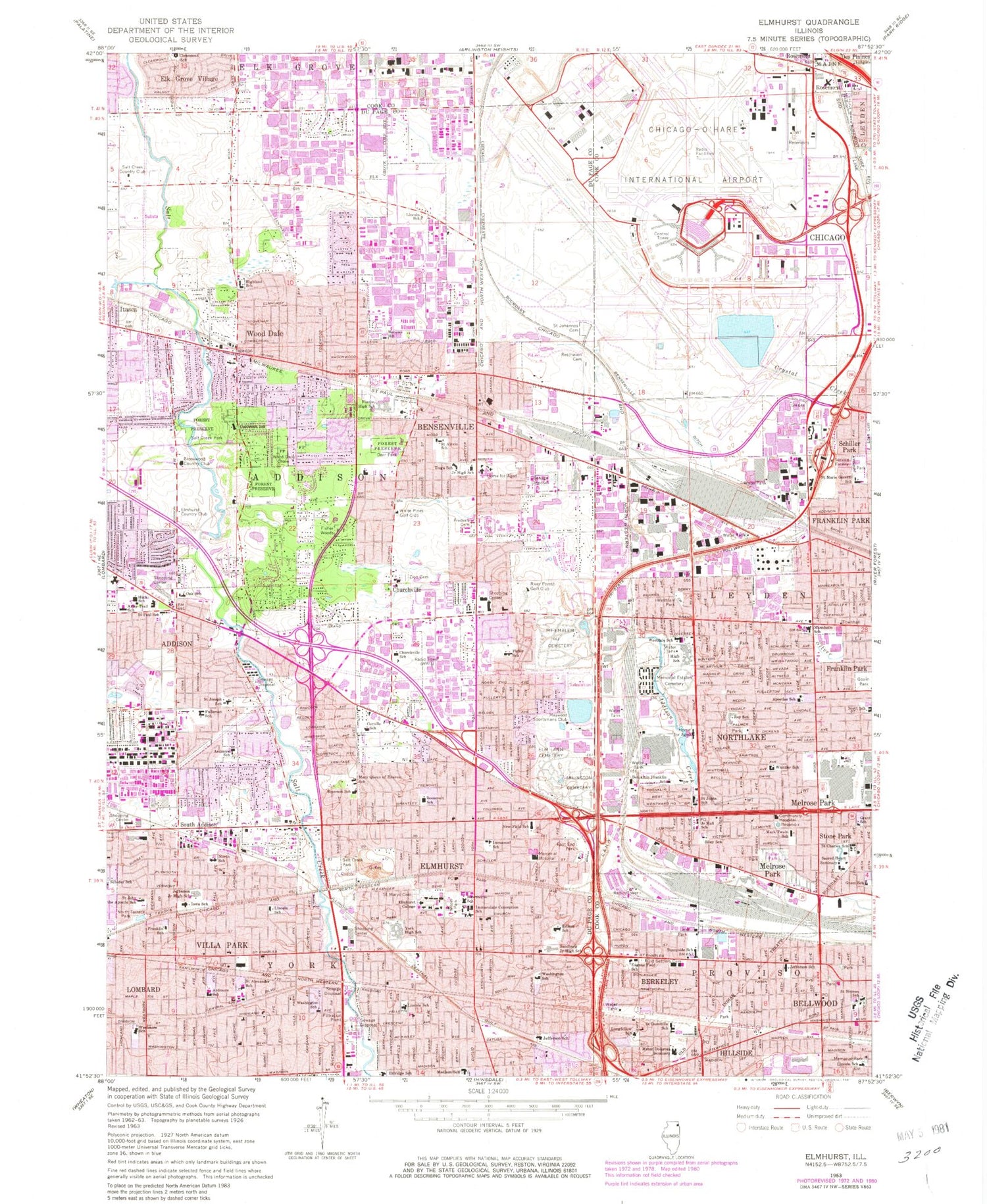 Classic USGS Elmhurst Illinois 7.5'x7.5' Topo Map Image