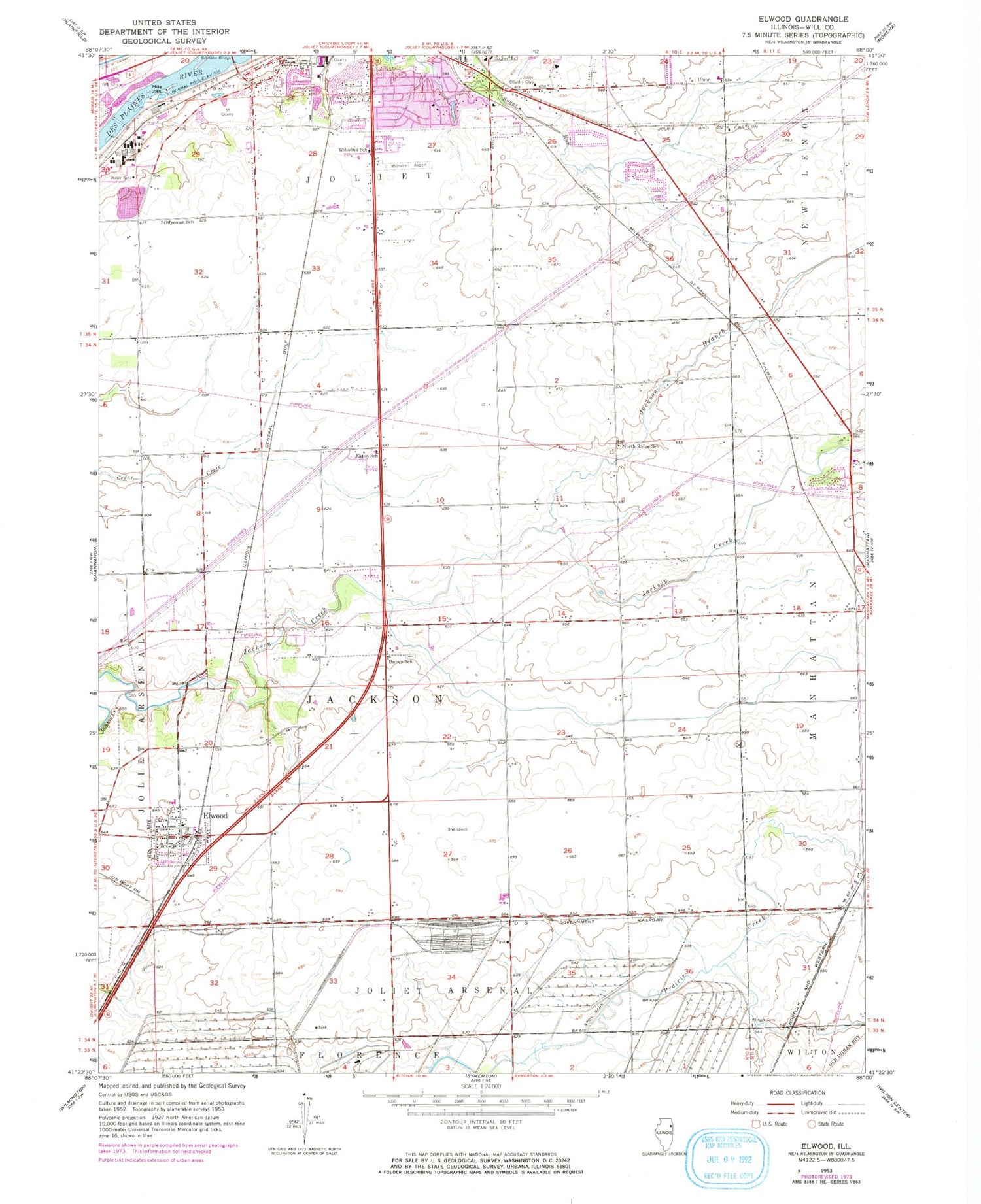 Classic USGS Elwood Illinois 7.5'x7.5' Topo Map Image