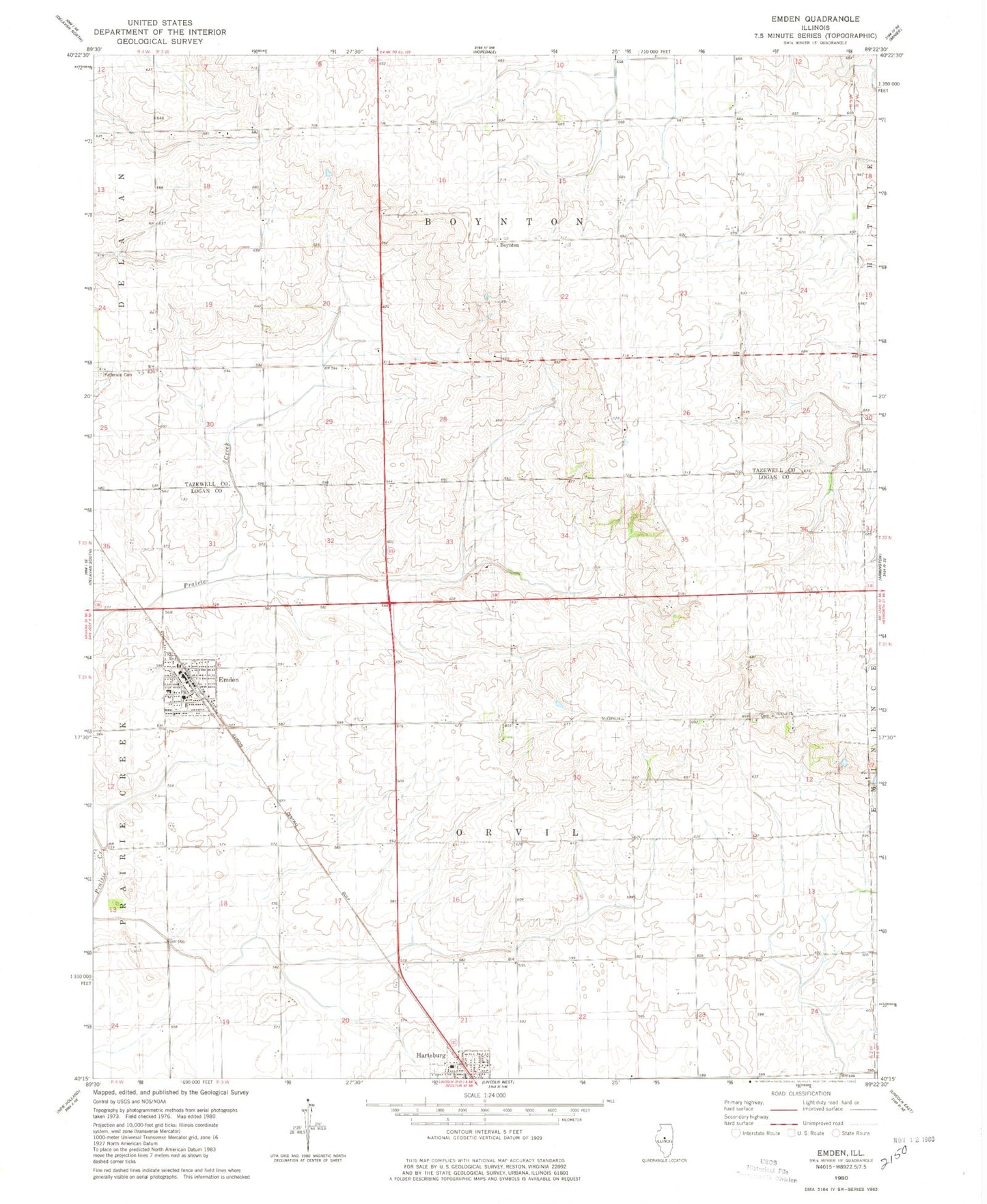 Classic USGS Emden Illinois 7.5'x7.5' Topo Map Image