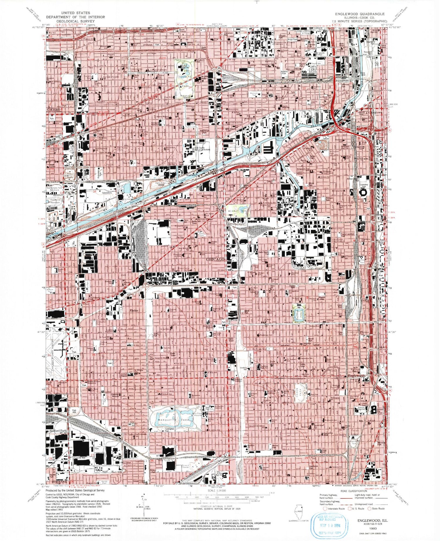Classic USGS Englewood Illinois 7.5'x7.5' Topo Map Image