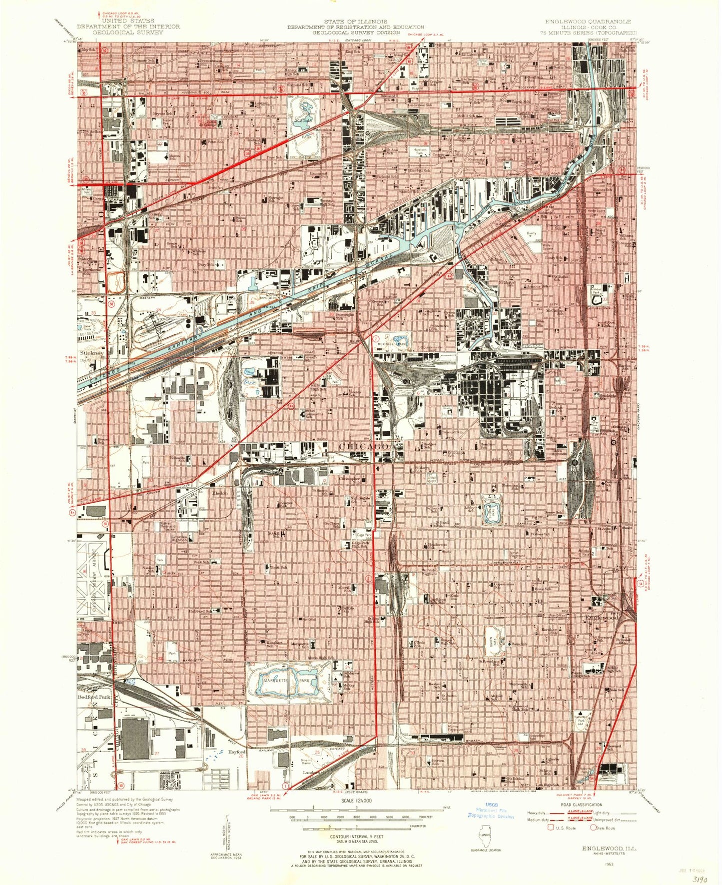 Classic USGS Englewood Illinois 7.5'x7.5' Topo Map Image