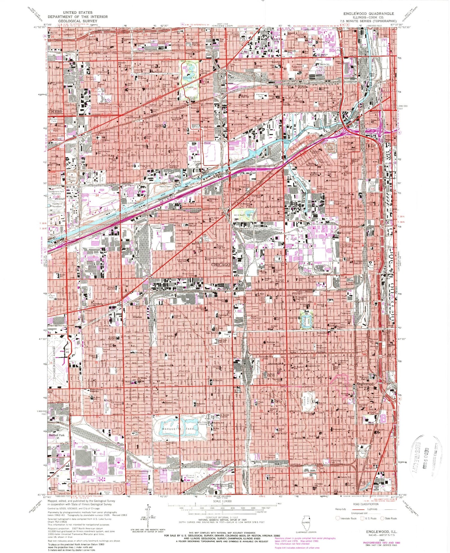 Classic USGS Englewood Illinois 7.5'x7.5' Topo Map Image