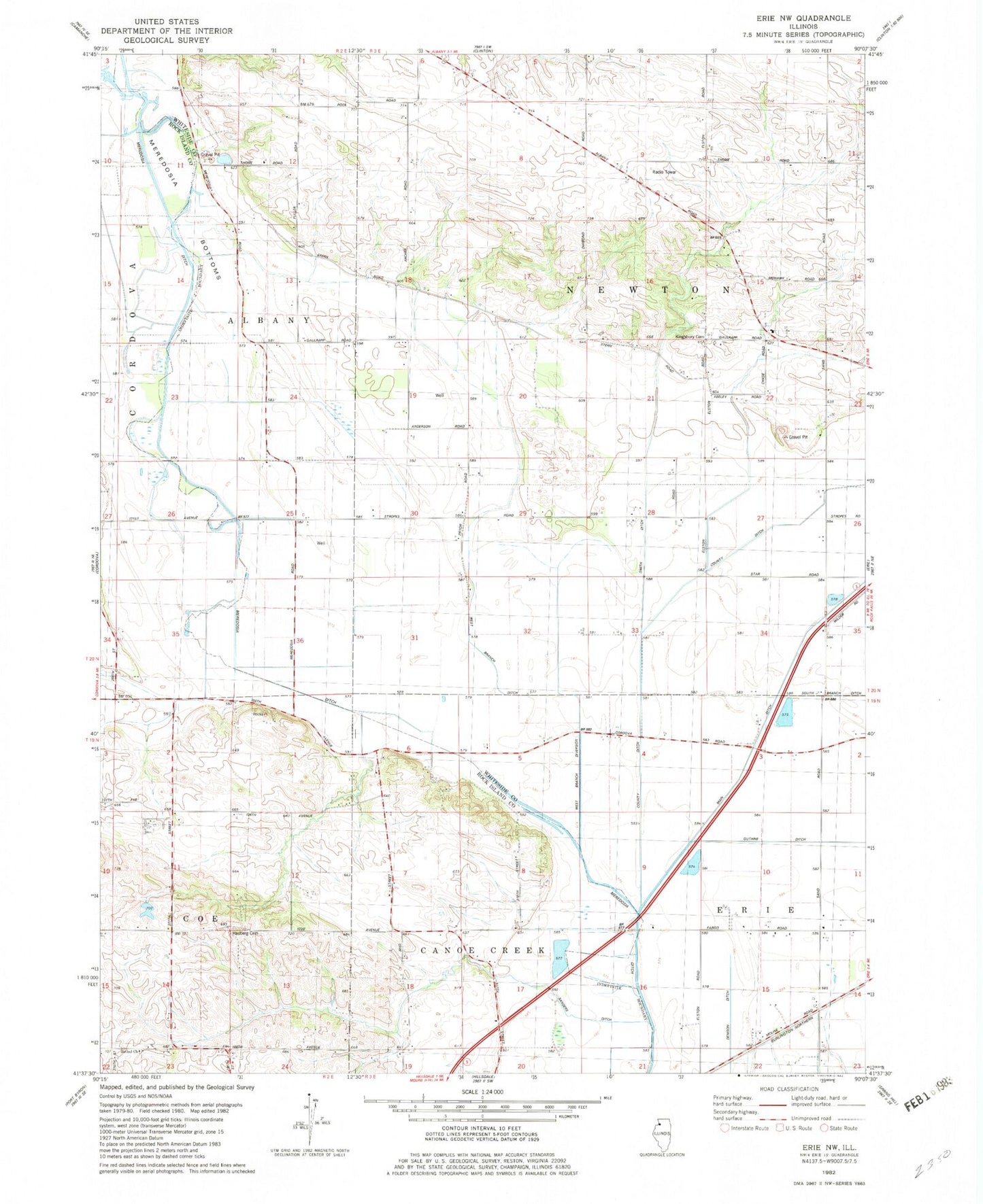 Classic USGS Erie NW Illinois 7.5'x7.5' Topo Map Image