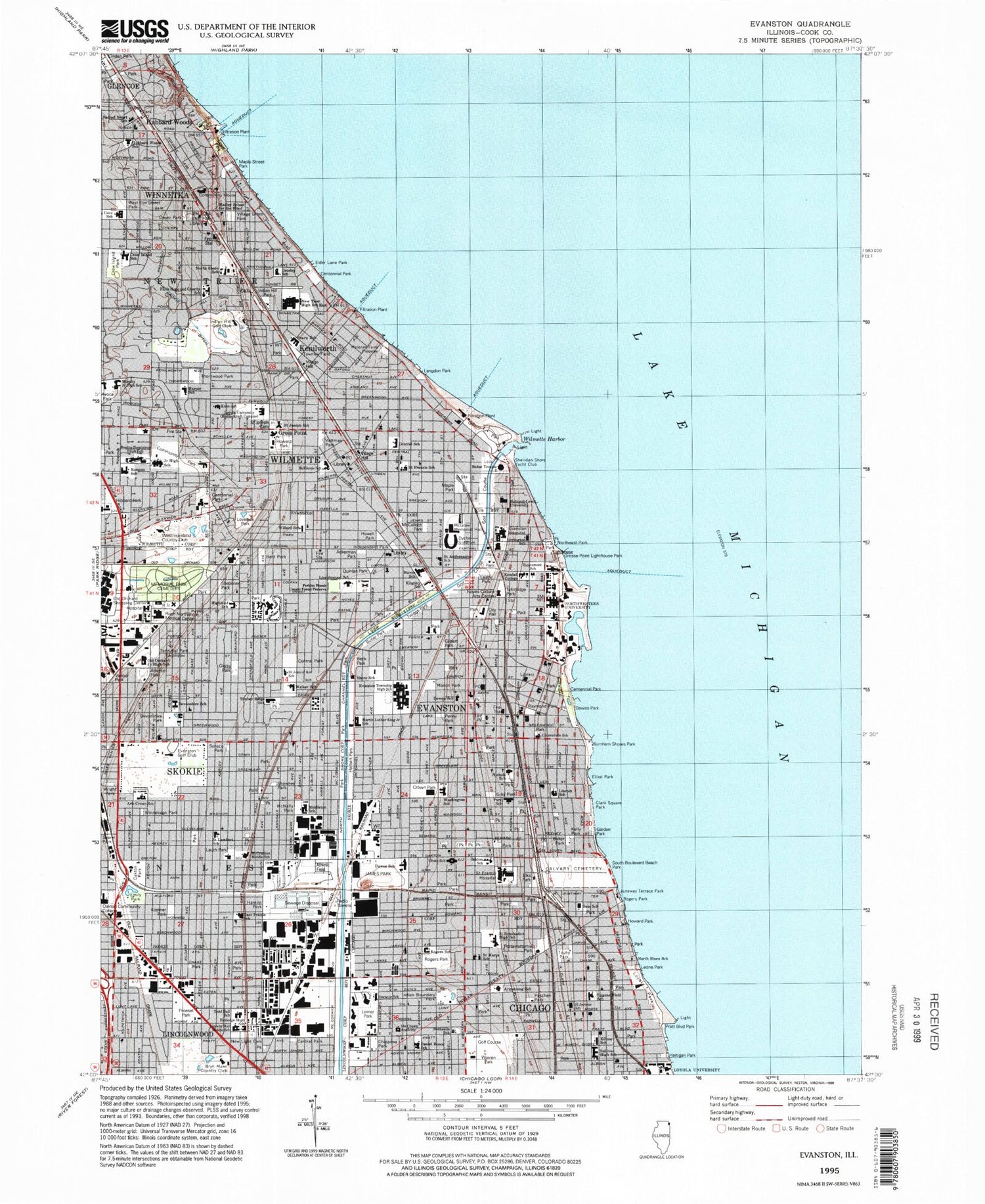 Classic USGS Evanston Illinois 7.5'x7.5' Topo Map Image