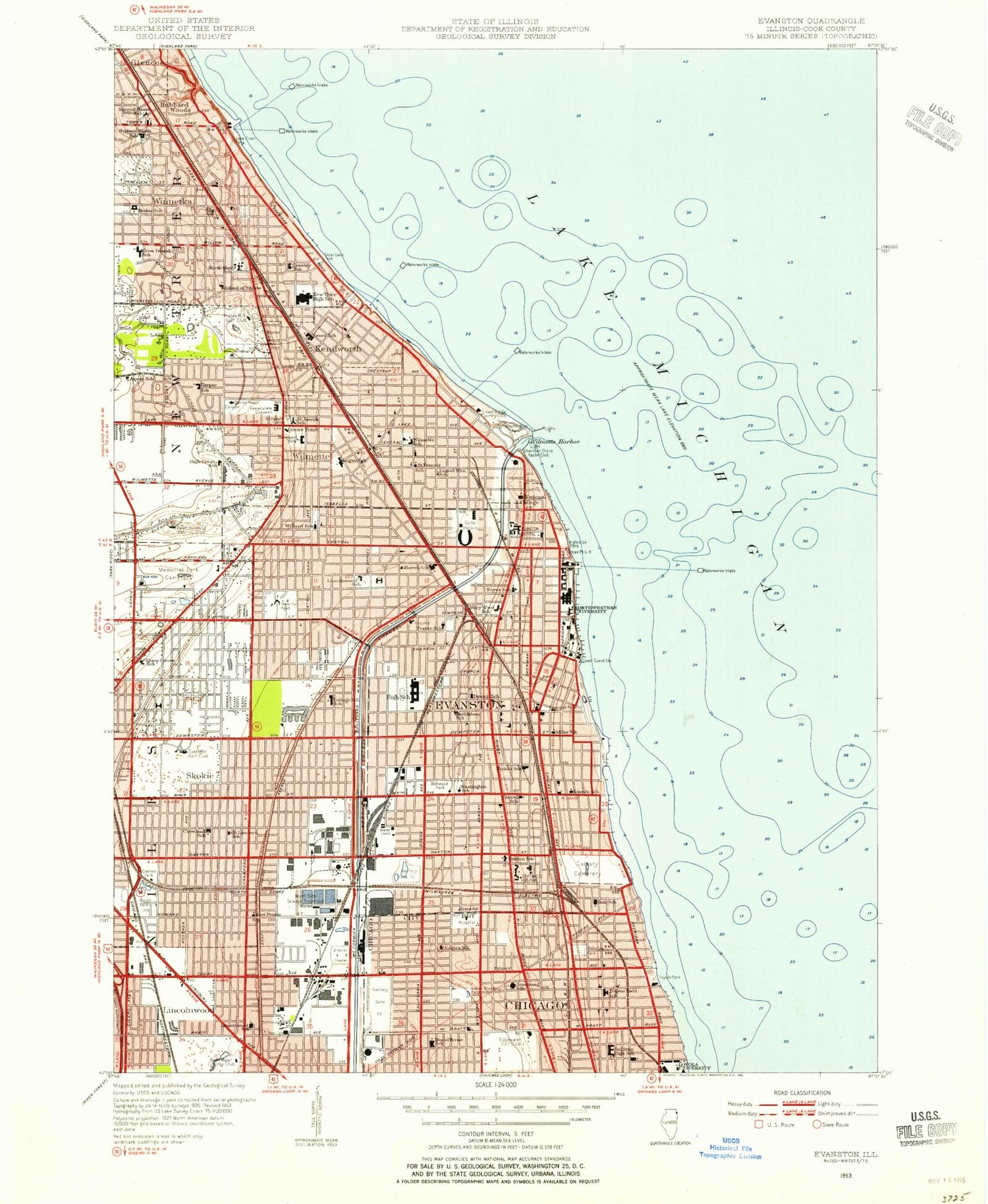 Classic USGS Evanston Illinois 7.5'x7.5' Topo Map Image