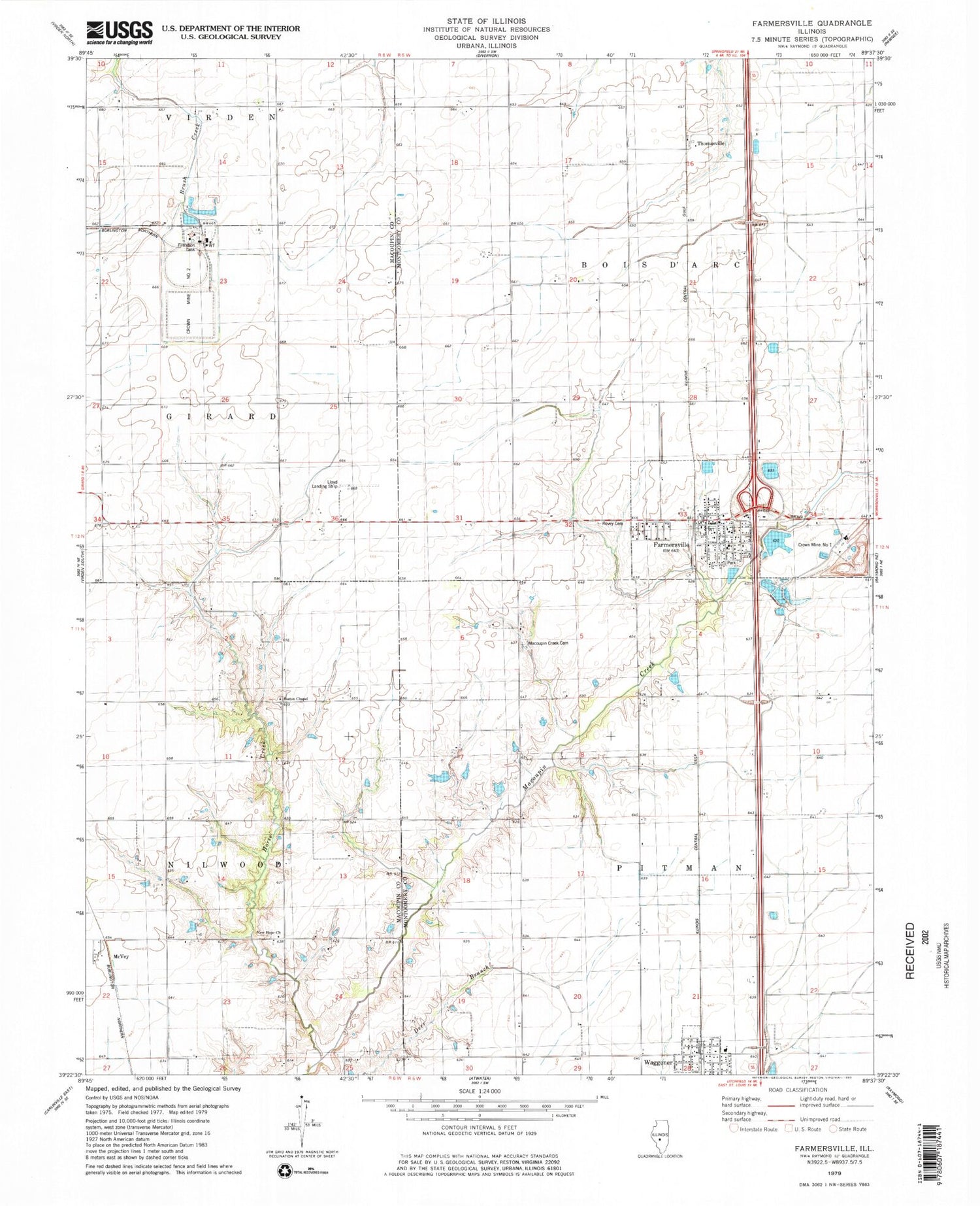 Classic USGS Farmersville Illinois 7.5'x7.5' Topo Map Image