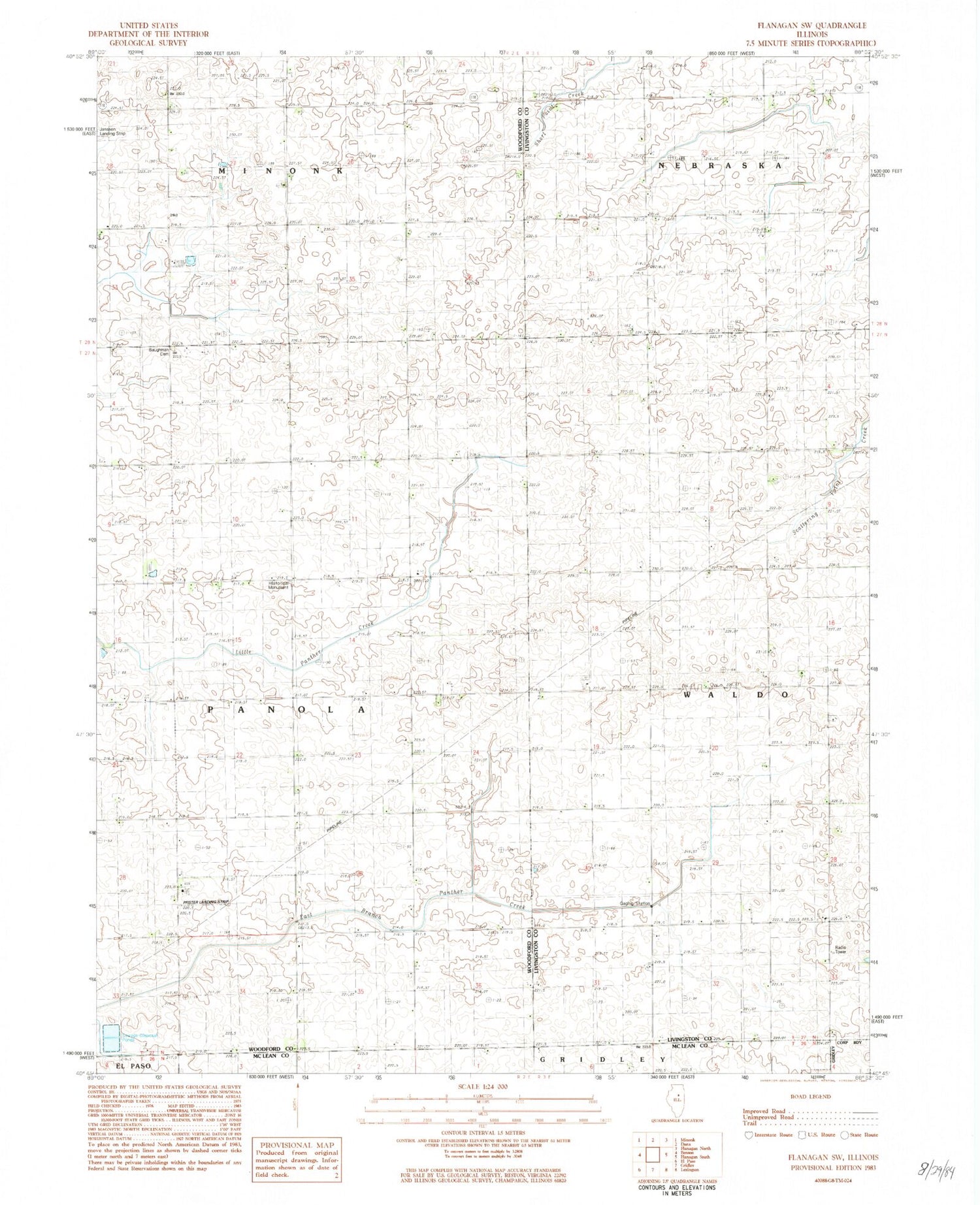 Classic USGS Flanagan SW Illinois 7.5'x7.5' Topo Map Image