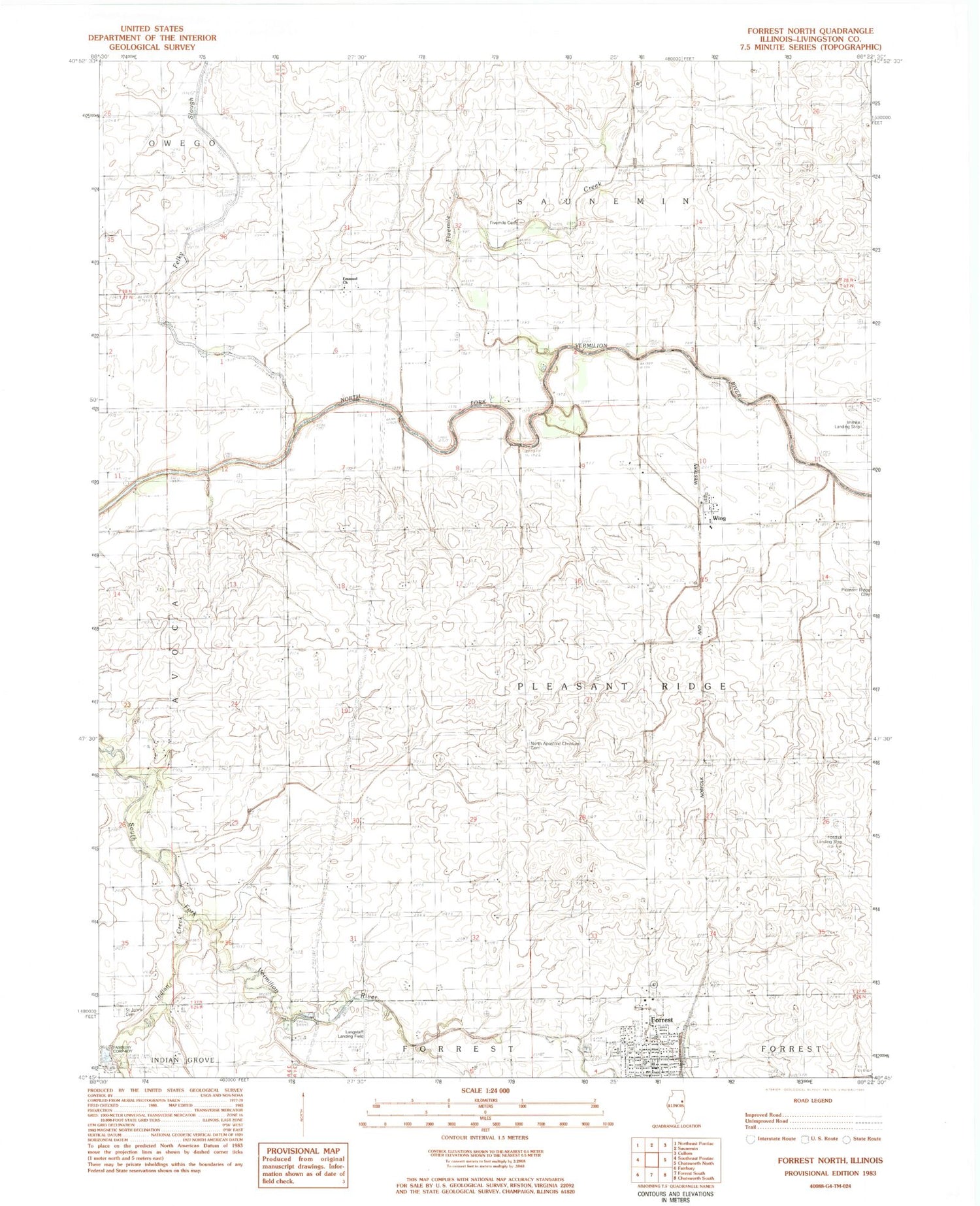 Classic USGS Forrest North Illinois 7.5'x7.5' Topo Map Image