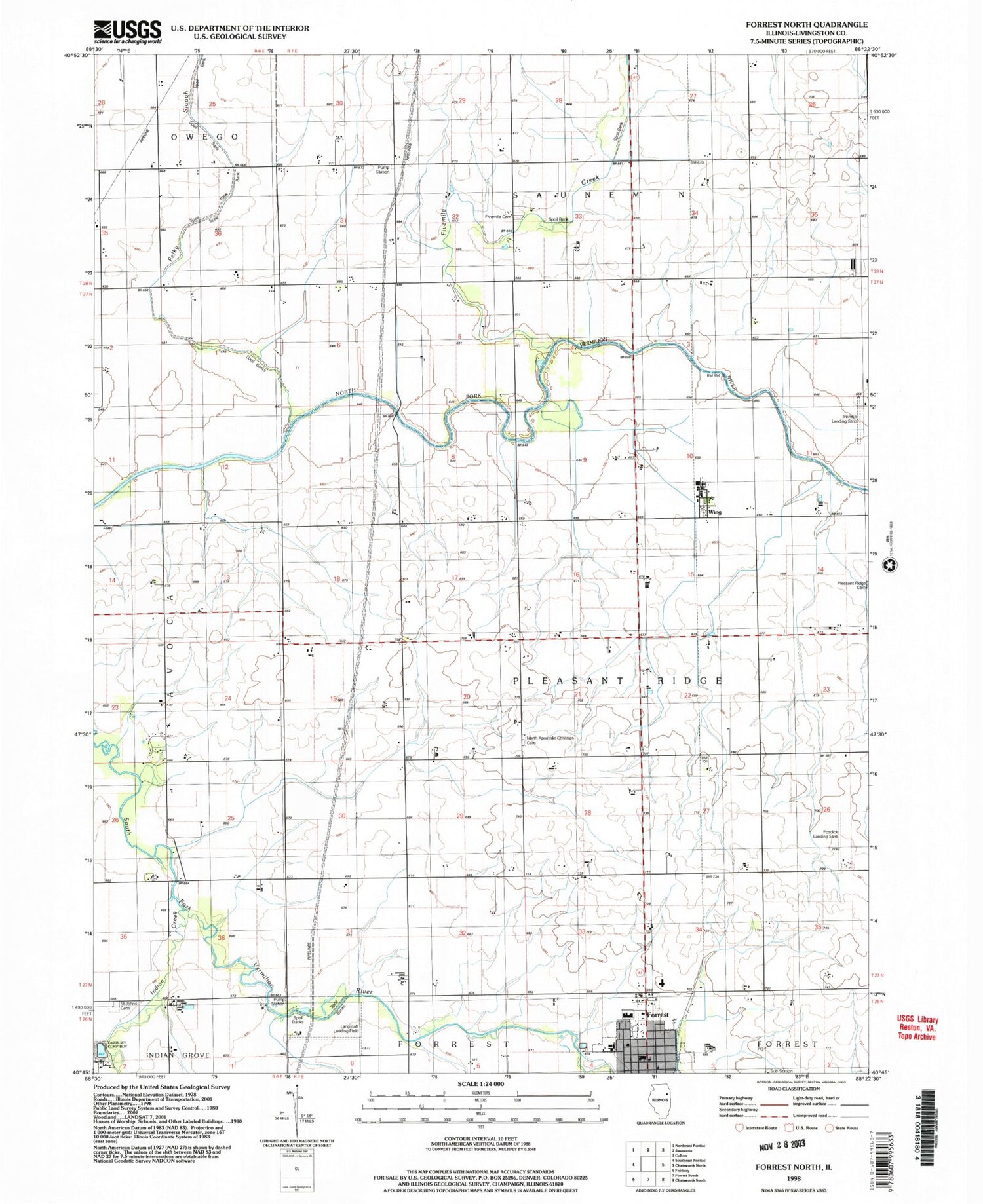 Classic USGS Forrest North Illinois 7.5'x7.5' Topo Map Image