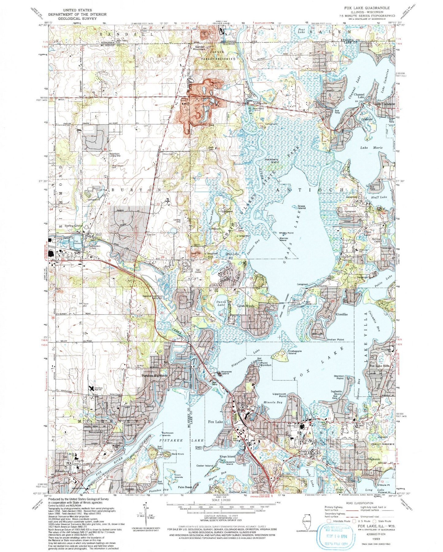 Classic USGS Fox Lake Illinois 7.5'x7.5' Topo Map Image