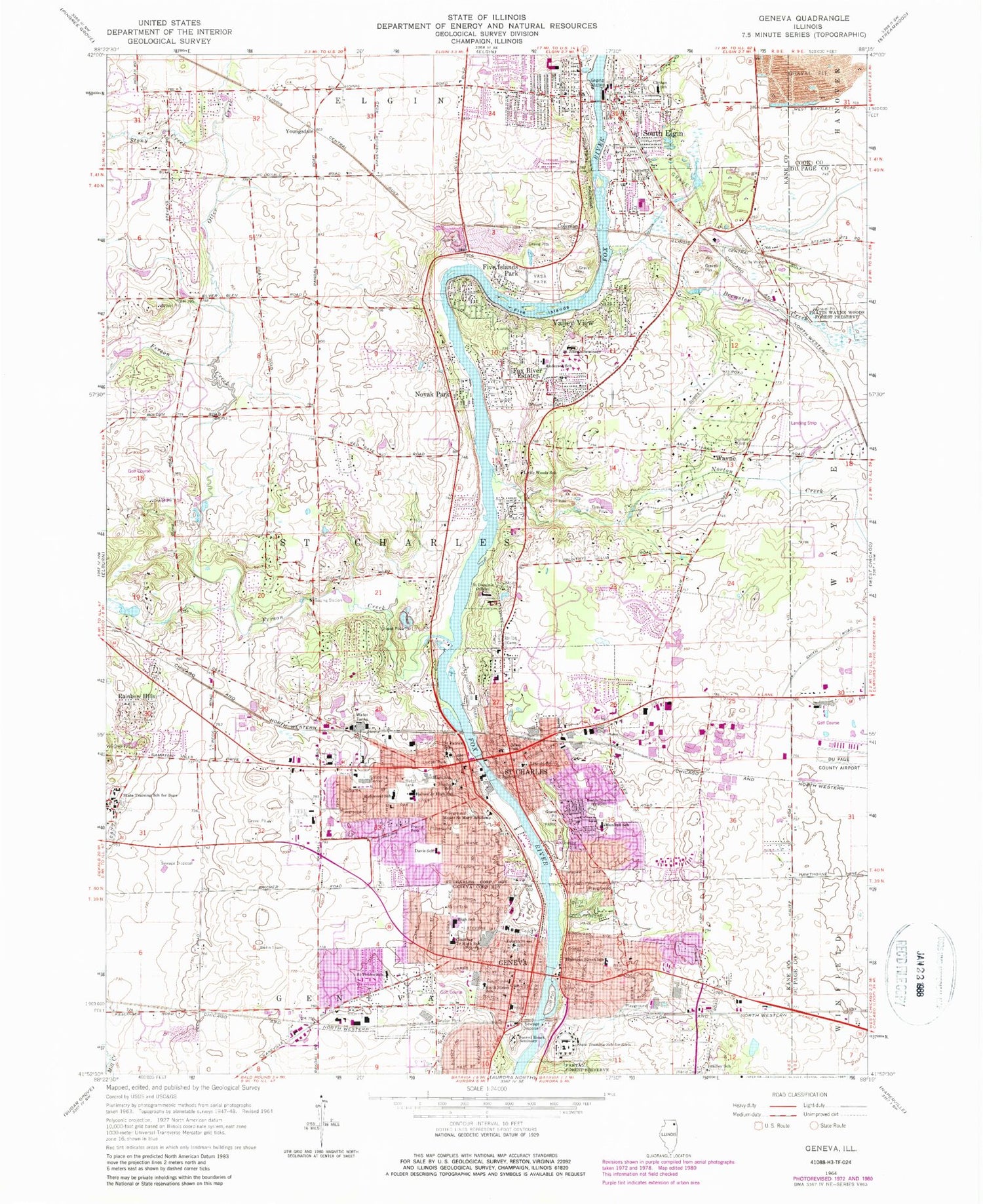 Classic USGS Geneva Illinois 7.5'x7.5' Topo Map Image