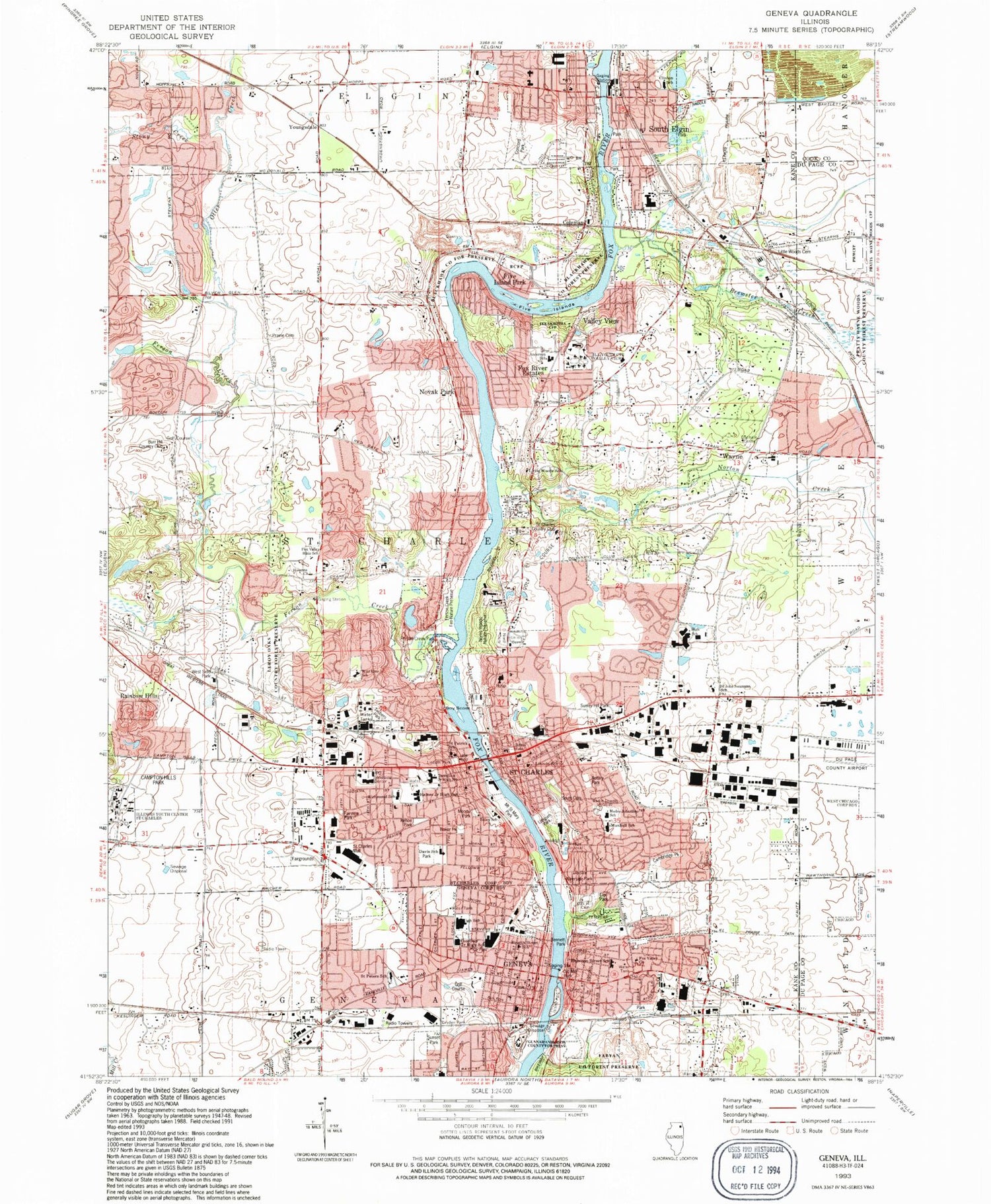 Classic USGS Geneva Illinois 7.5'x7.5' Topo Map Image