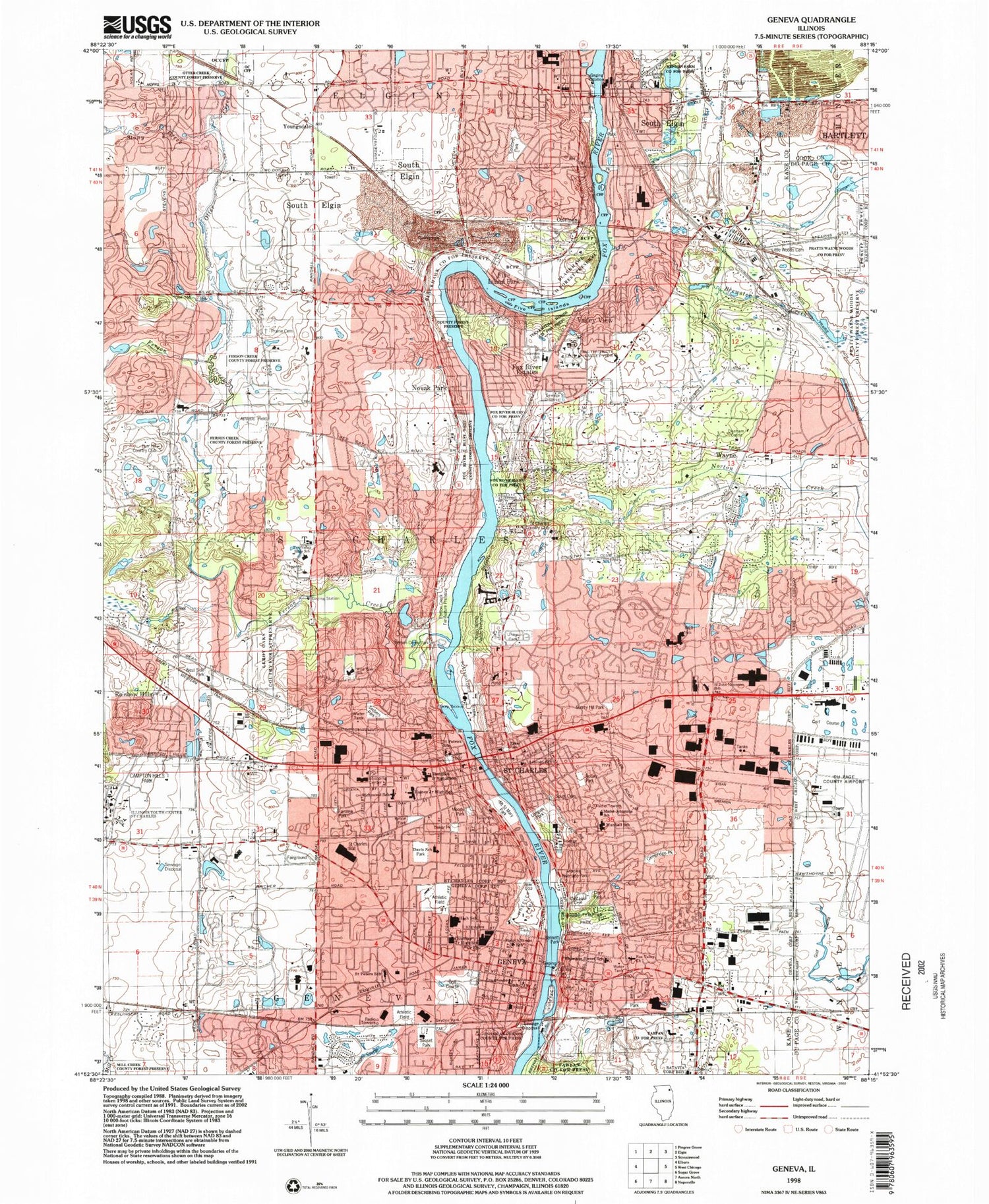 Classic USGS Geneva Illinois 7.5'x7.5' Topo Map Image