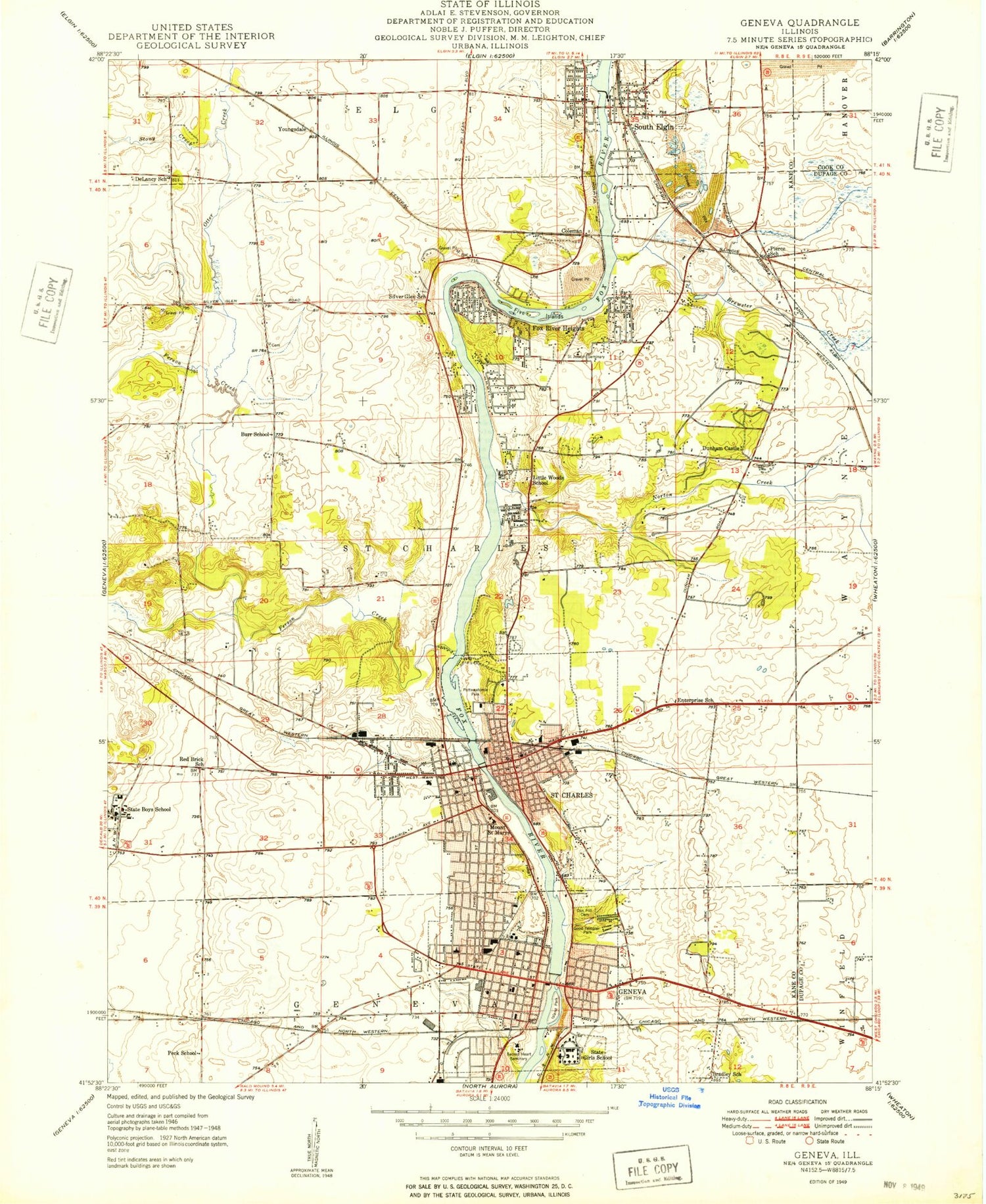 Classic USGS Geneva Illinois 7.5'x7.5' Topo Map Image