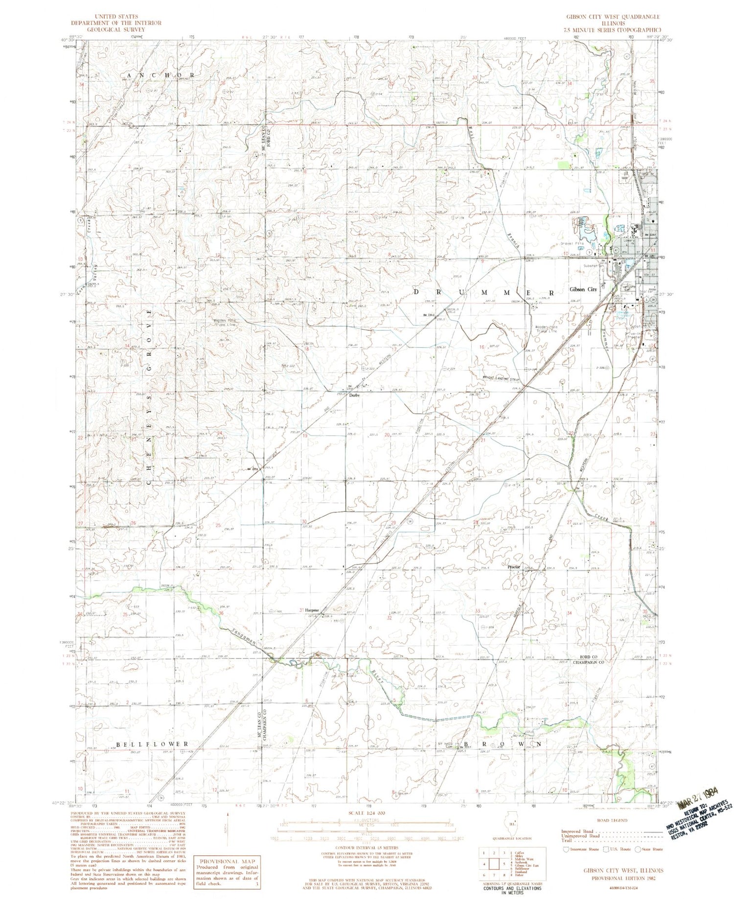 Classic USGS Gibson City West Illinois 7.5'x7.5' Topo Map Image