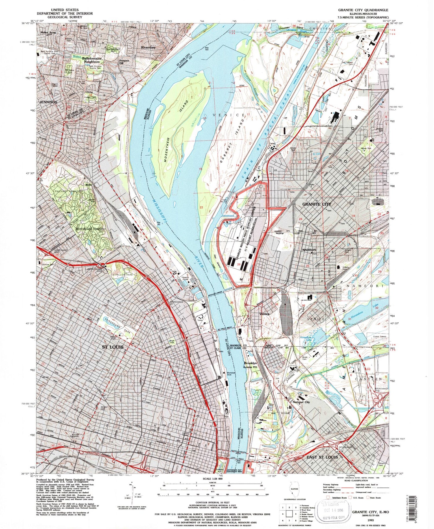 Classic USGS Granite City Illinois 7.5'x7.5' Topo Map Image