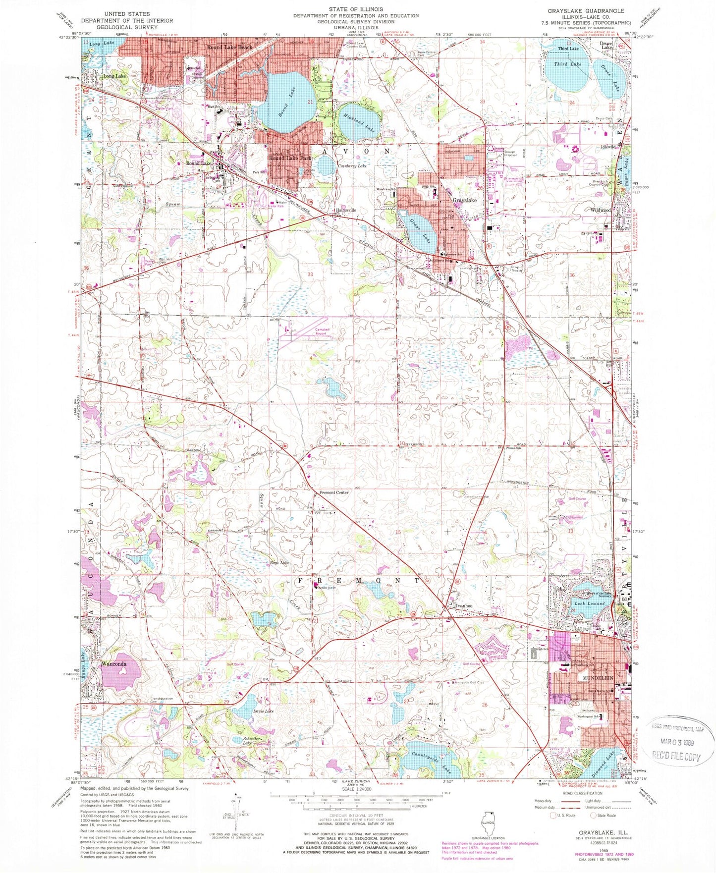 Classic USGS Grayslake Illinois 7.5'x7.5' Topo Map Image