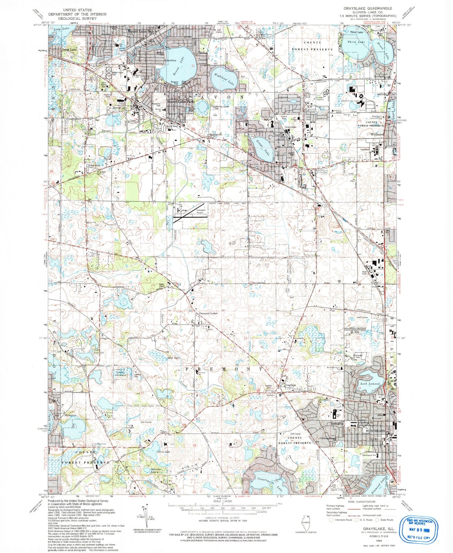 Classic USGS Grayslake Illinois 7.5'x7.5' Topo Map Image