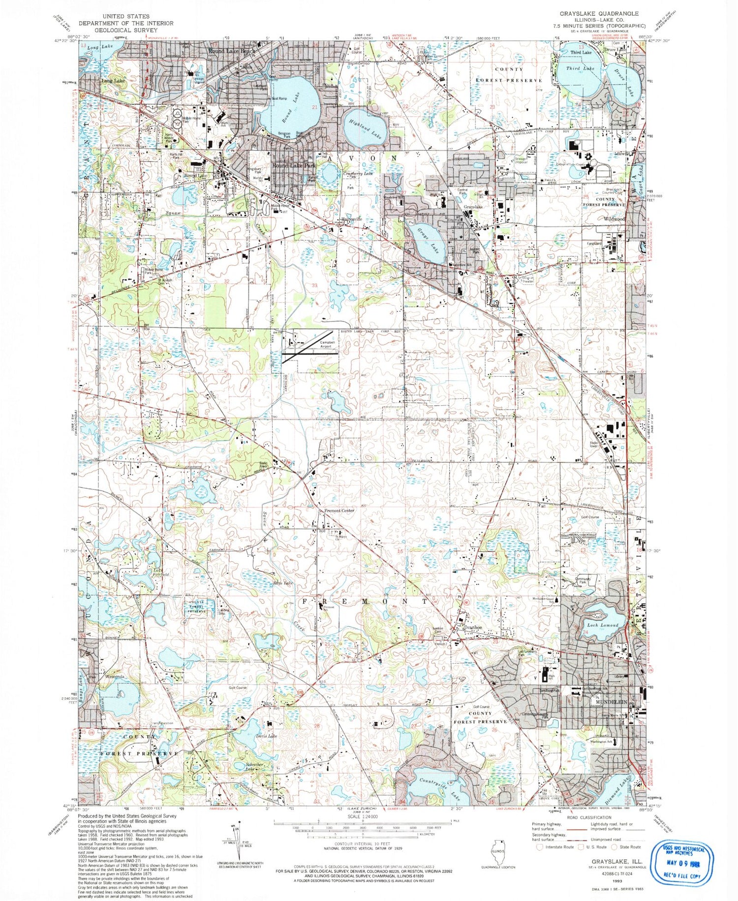 Classic USGS Grayslake Illinois 7.5'x7.5' Topo Map Image