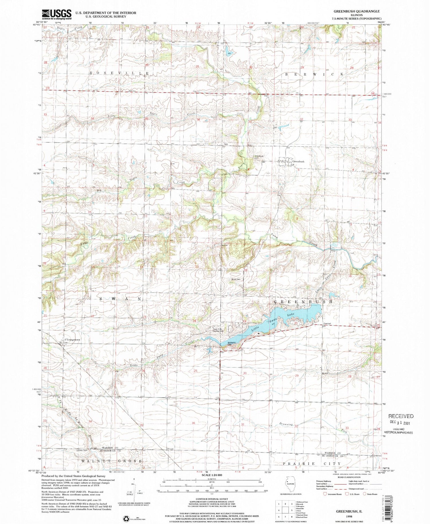 Classic USGS Greenbush Illinois 7.5'x7.5' Topo Map Image
