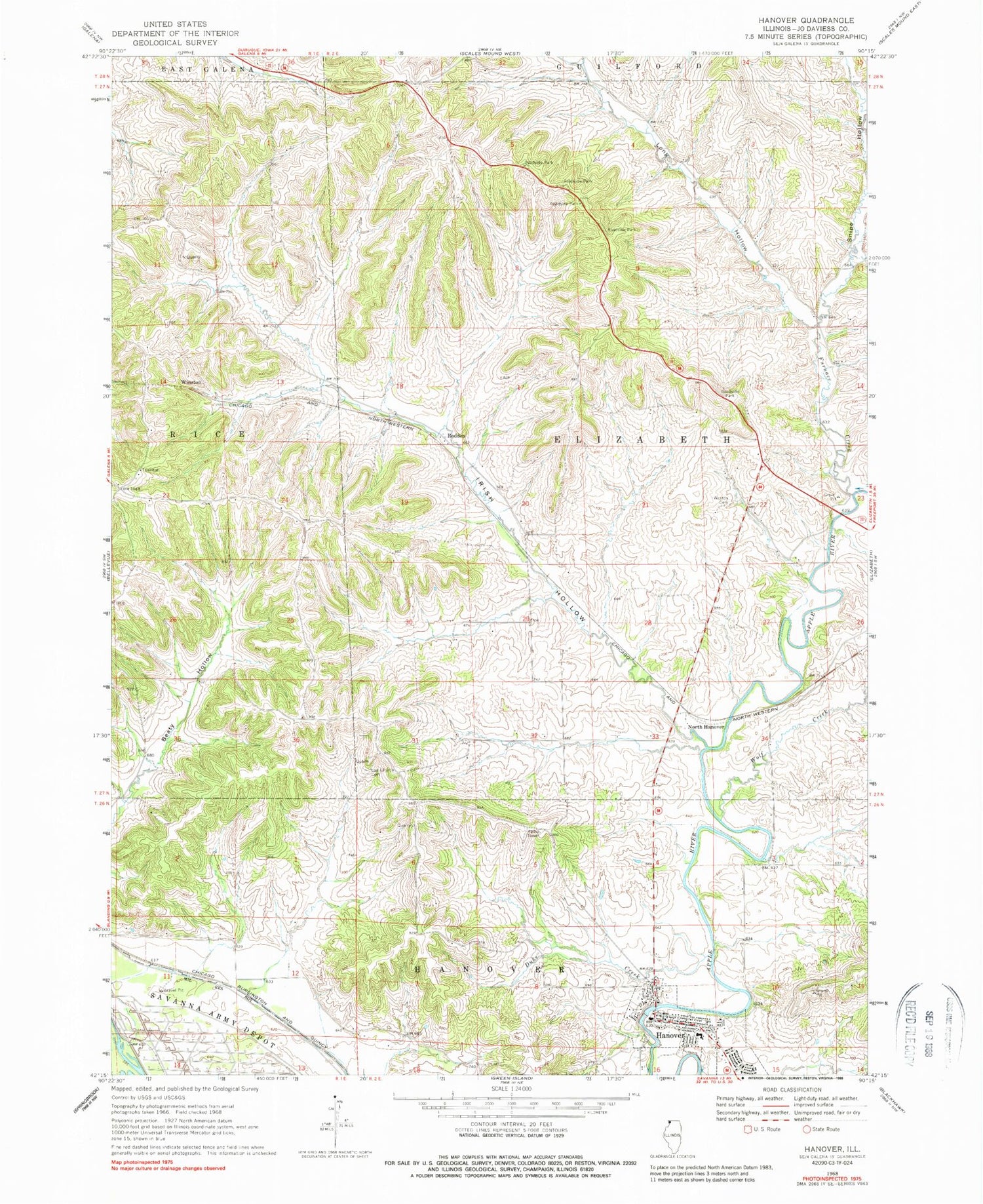 Classic USGS Hanover Illinois 7.5'x7.5' Topo Map Image