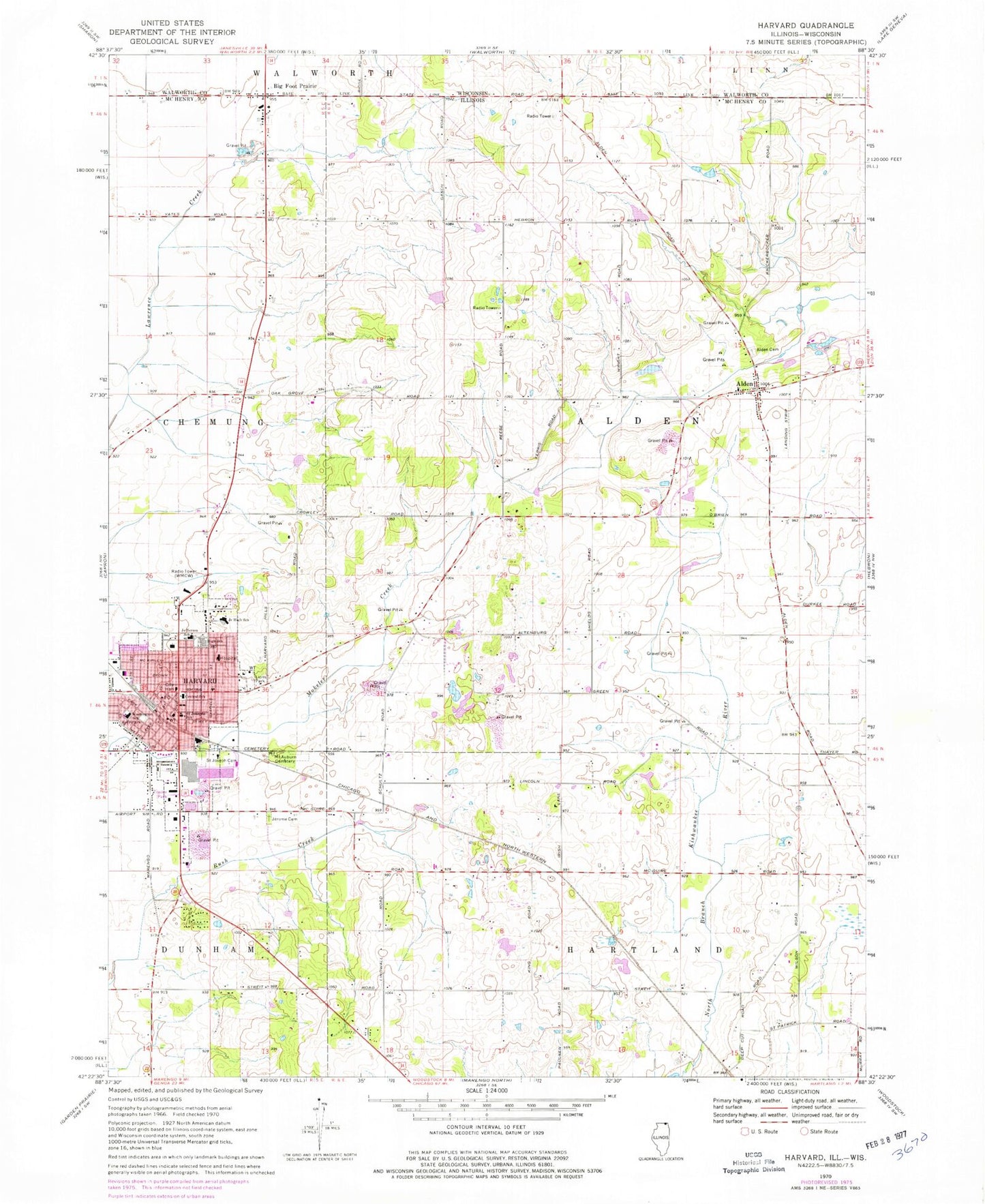 Classic USGS Harvard Illinois 7.5'x7.5' Topo Map Image