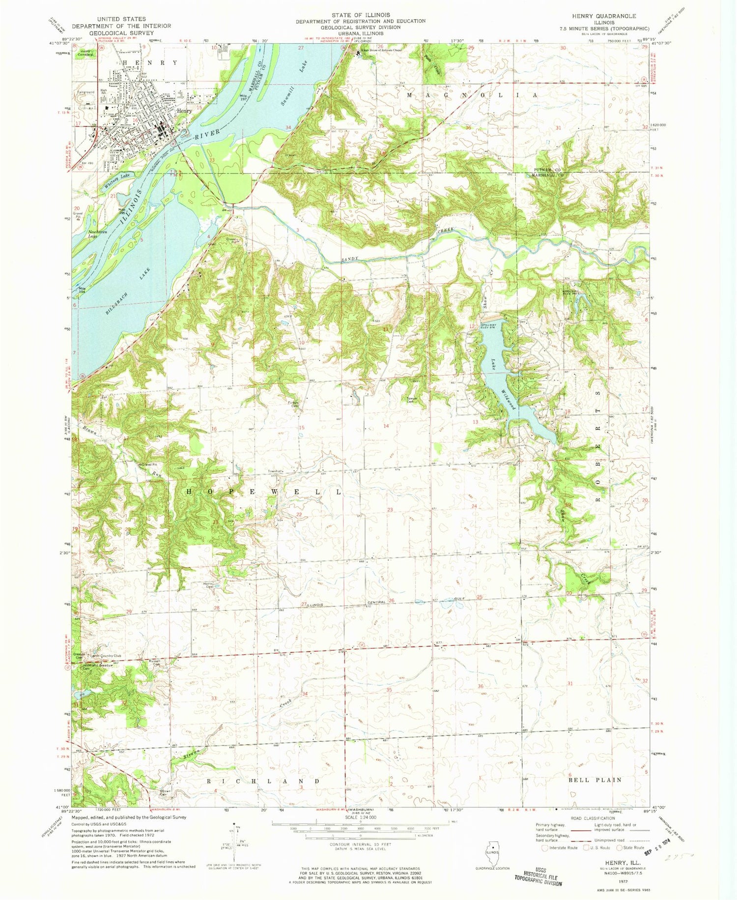 Classic USGS Henry Illinois 7.5'x7.5' Topo Map Image
