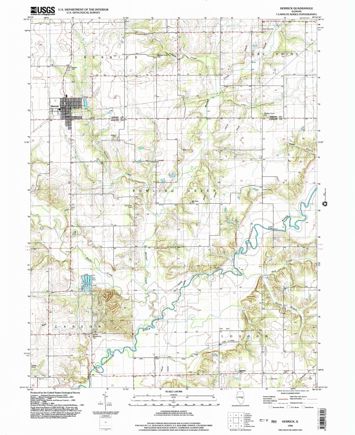Classic USGS Herrick Illinois 7.5'x7.5' Topo Map Image