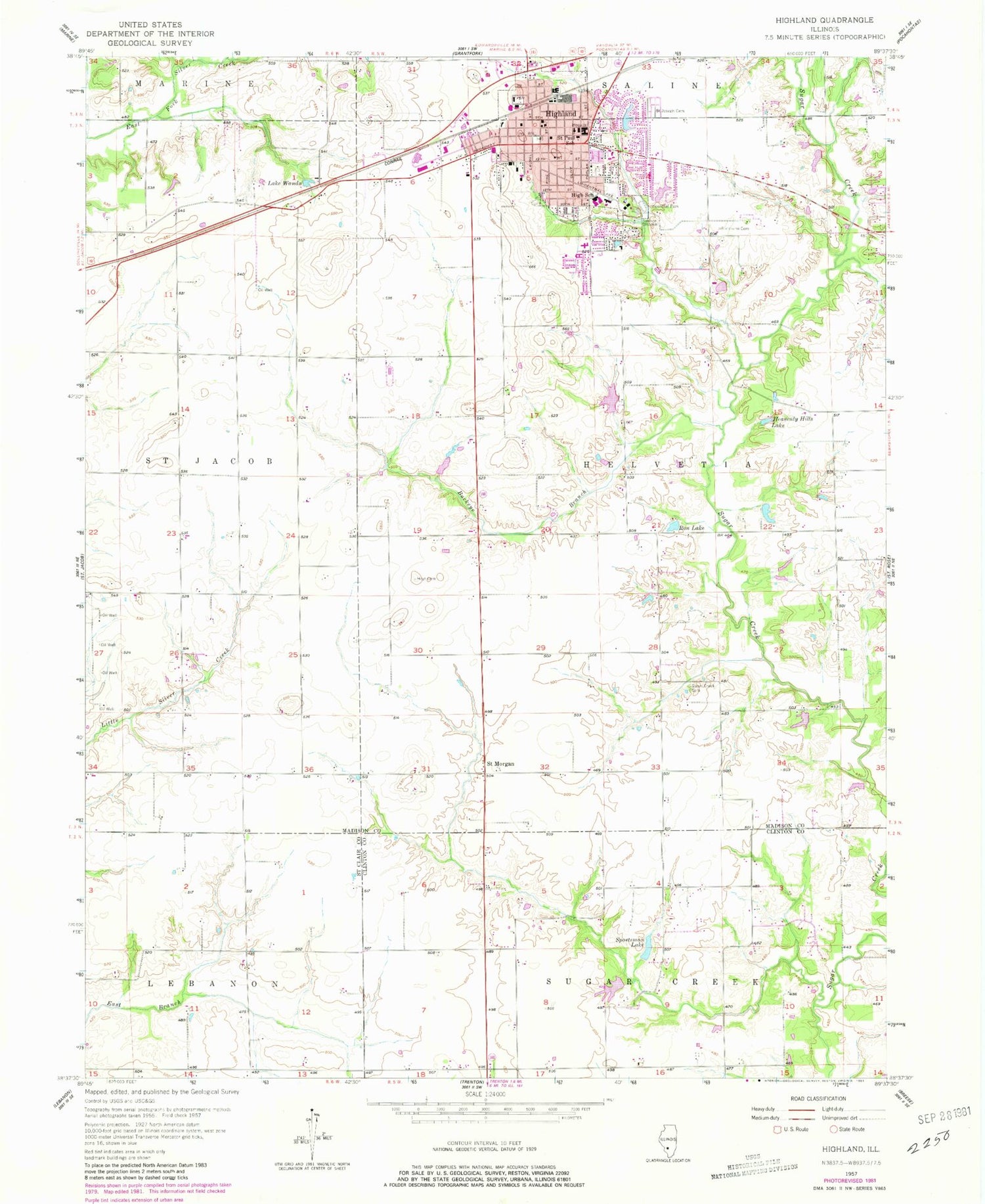 Classic USGS Highland Illinois 7.5'x7.5' Topo Map Image