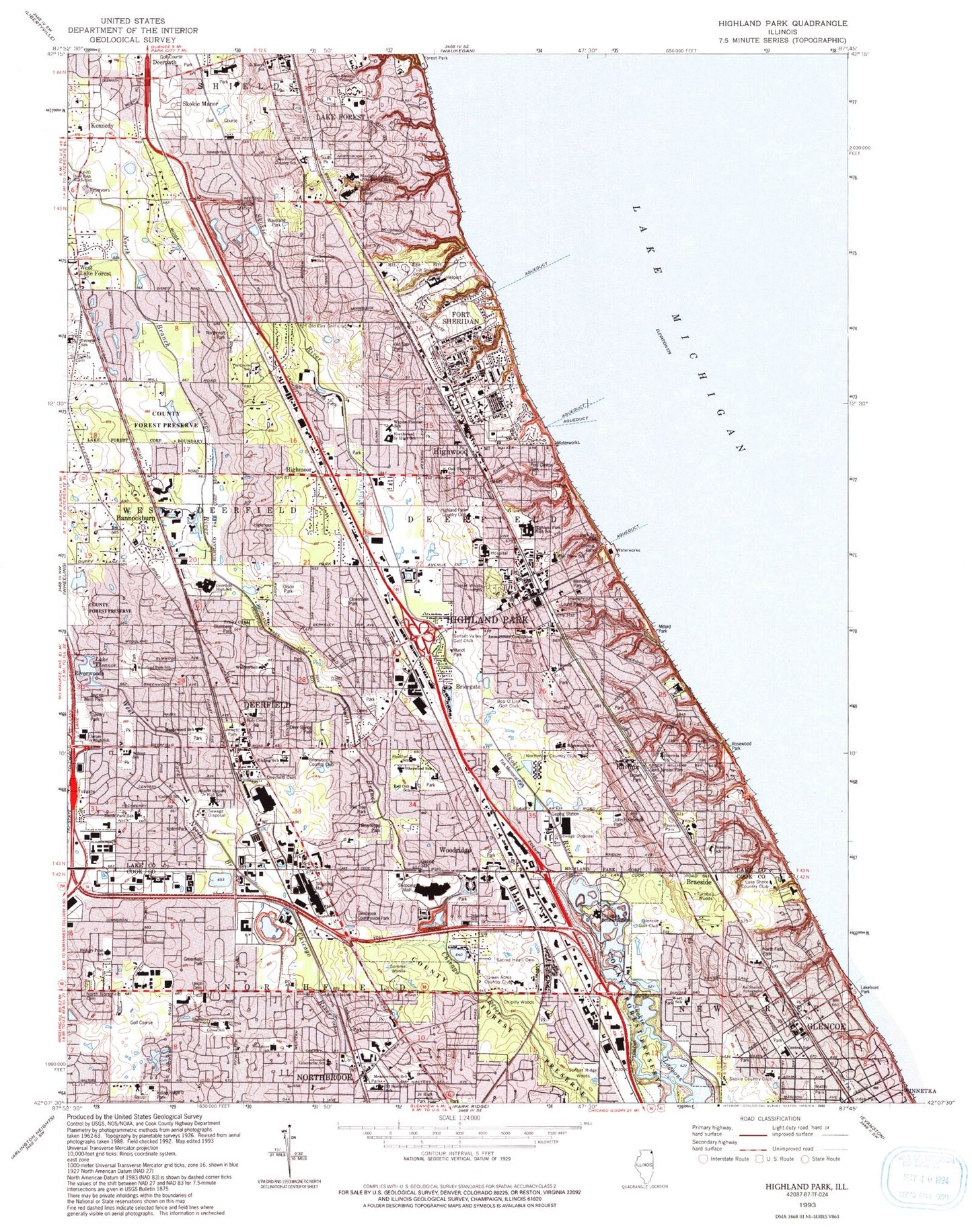 Classic USGS Highland Park Illinois 7.5'x7.5' Topo Map Image