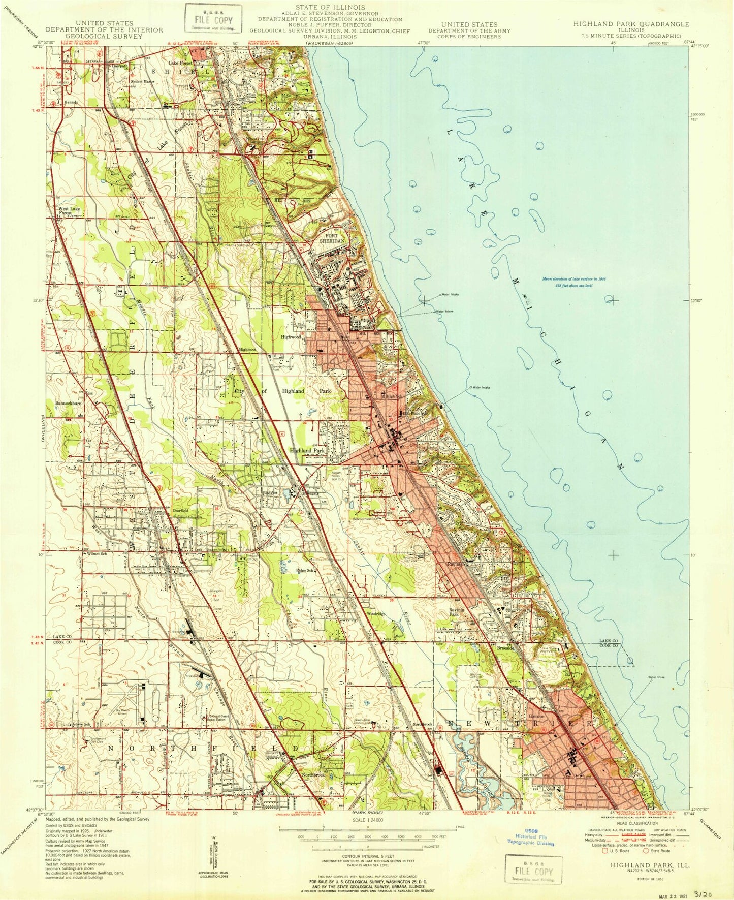 Classic USGS Highland Park Illinois 7.5'x7.5' Topo Map Image