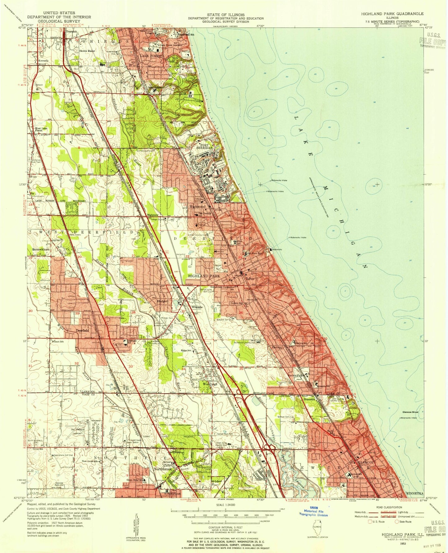 Classic USGS Highland Park Illinois 7.5'x7.5' Topo Map Image