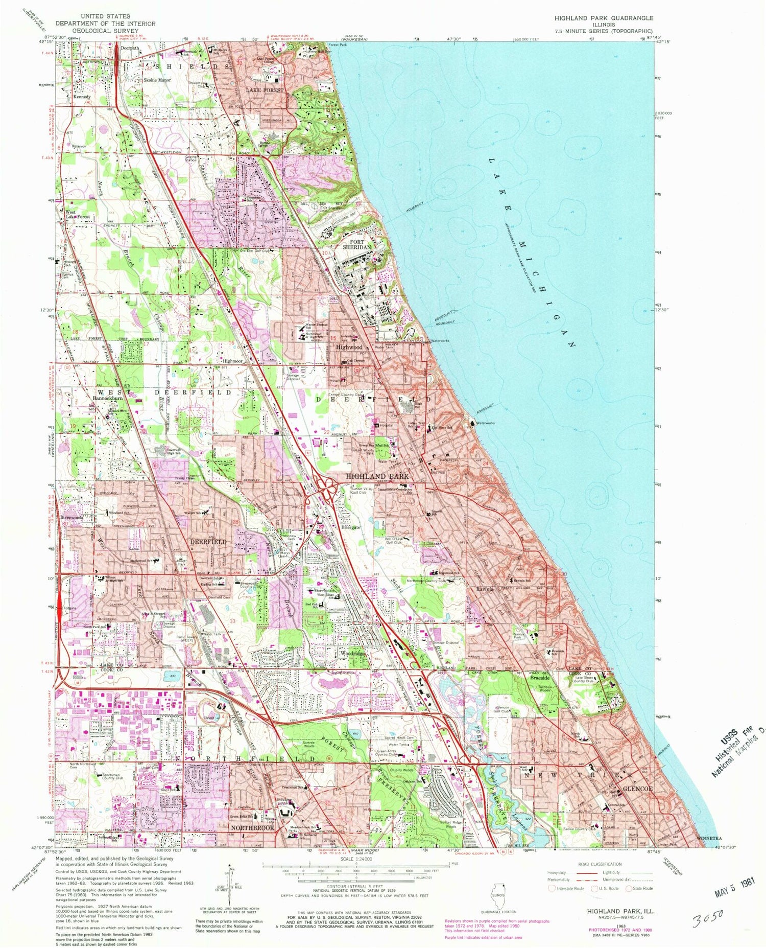 Classic USGS Highland Park Illinois 7.5'x7.5' Topo Map Image