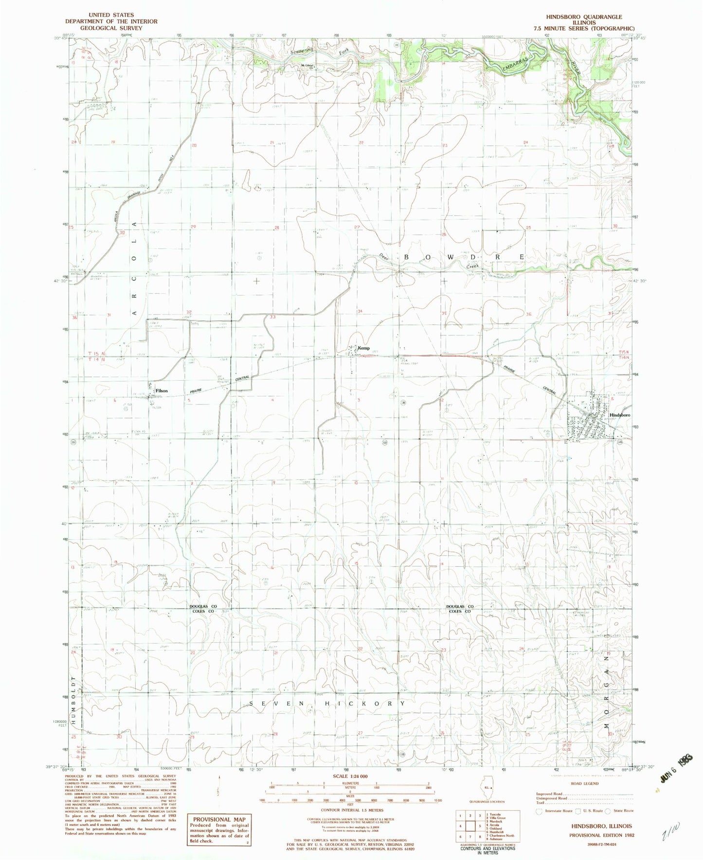 Classic USGS Hindsboro Illinois 7.5'x7.5' Topo Map Image